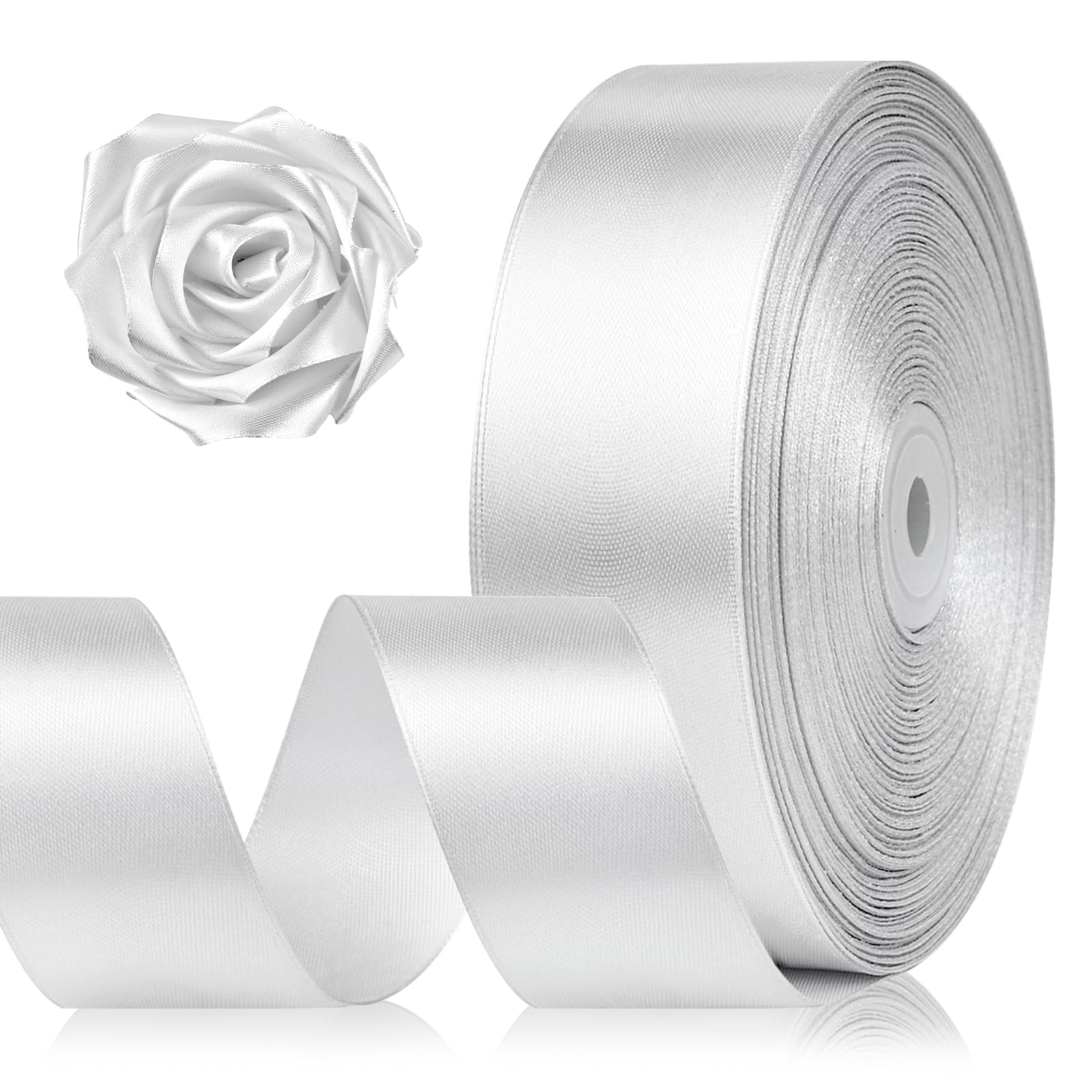 Photo 1 of 1-1/2 Inch 100 Yards Silver Satin Ribbon, Solid Fabric Ribbon Roll for Flower Bouquet, Gift Wrapping, Roses Making, Handmade Crafts