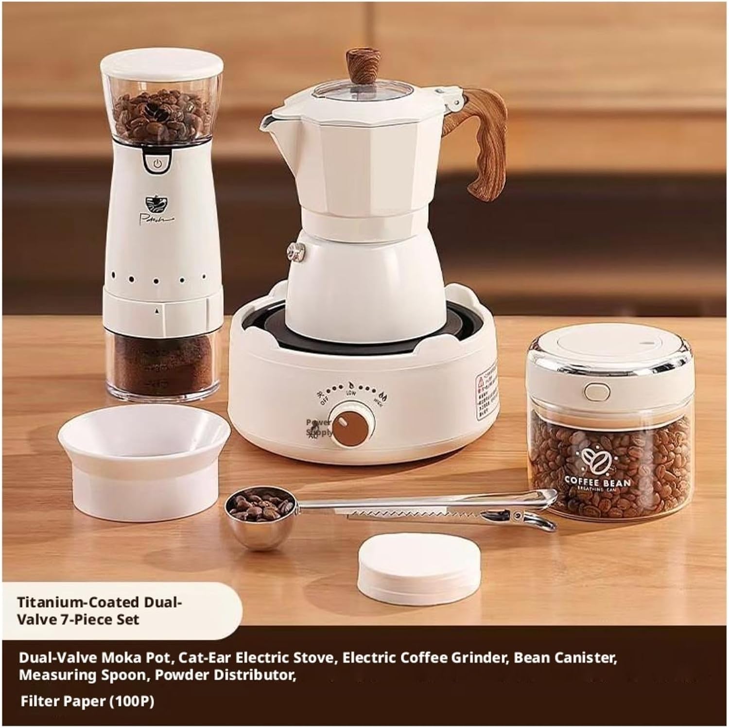 2-3 Cup Titaniu m Coated Double Valve Moka Pot 7-Piece Espresso Set with Electric Stove, Grinder, Bean Canister & Filters for Home & Camping