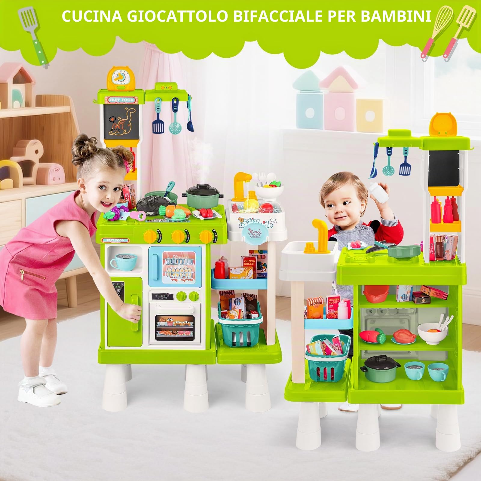 deAO Cucina Giocattolo per Bambini - 54PCS Altezza Regolabile Doppio Lato Gioco di Ruolo da Cucina con Luce Suono Acqua Vapore Frigorifero Lavastoviglie e Accessori | Verde