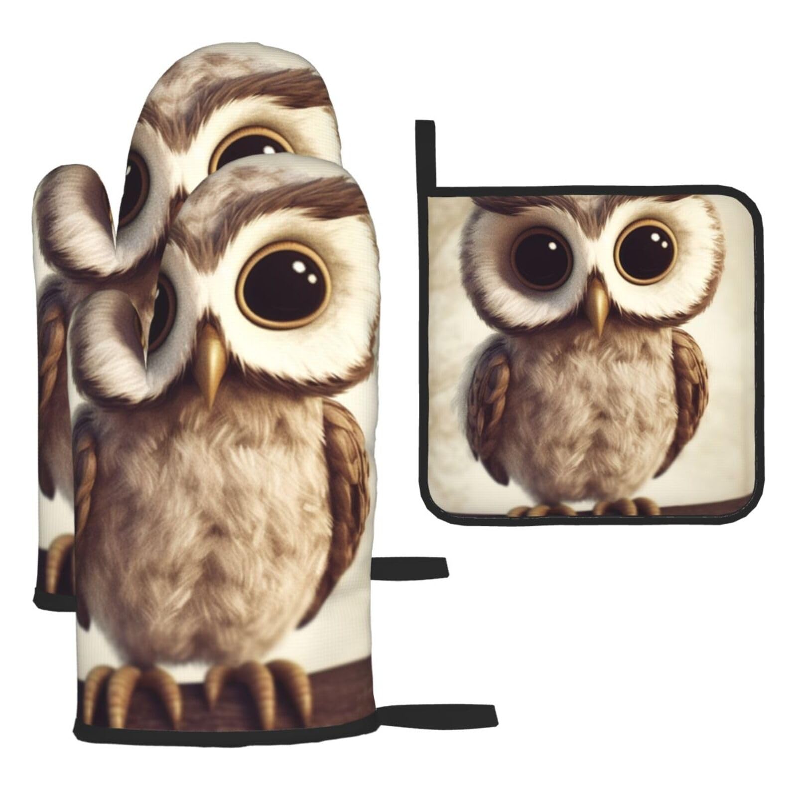 3 Piece Oven Mitts and Pot Holders Set Heat Resistant Oven Gloves and Potholders BBQ Gloves Hot Pads Cute Owl Cooking Gloves for Kitchen Baking Grilling
