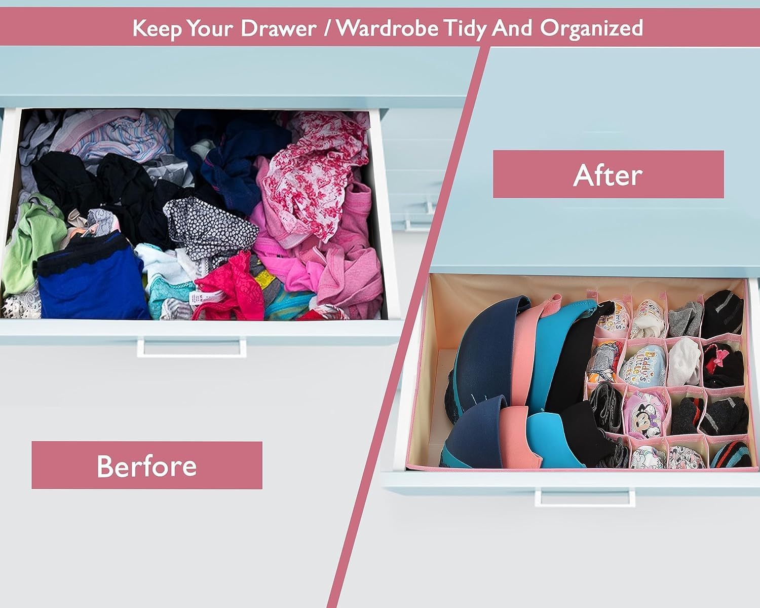 Undergarments Organizer/Foldable Storage Box with Lid for Drawers, Clothing Color - Pink Polka, Polyester