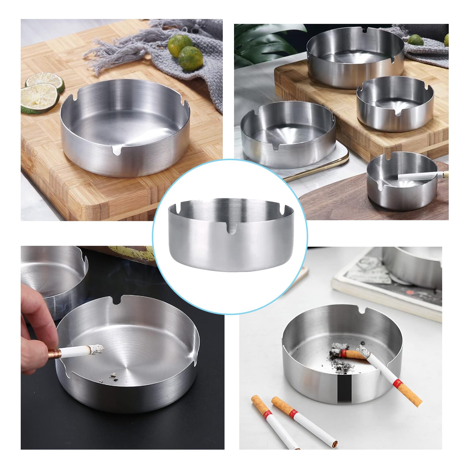 Posacenere Moderno in Acciaio Inox, 16 Pezzi Rotondi 8cm/3,1in da Tavolo e Balcone, Circolare per Interni ed Esterni
