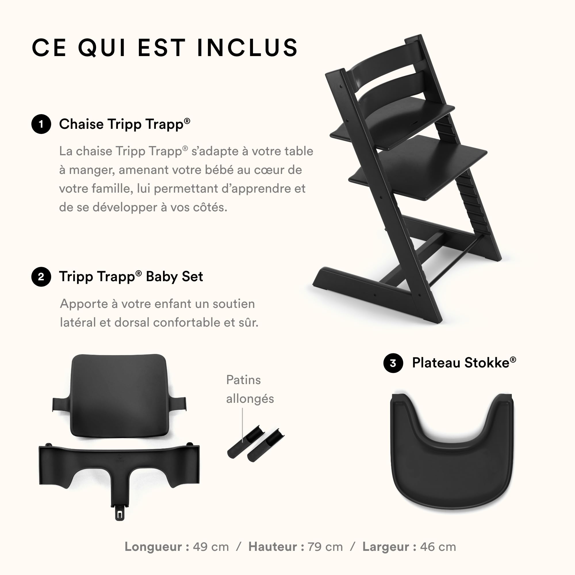 Chaise haute Stokke Tripp Trapp (Noir) avec le plateau Stokke (Noir) - Comprend la chaise + le Baby Set 2 pour les enfants de 6 à 36 mois - Ajustable, ergonomique et facile à nettoyer