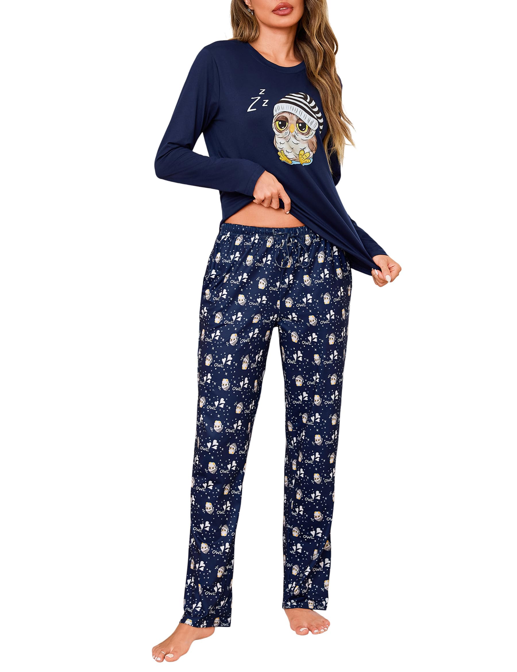 Demegimi Damen Schlafanzug Langarm Mit Eulenmotiv - Baumwolle Pyjama Set Für Winter, 2-teilig