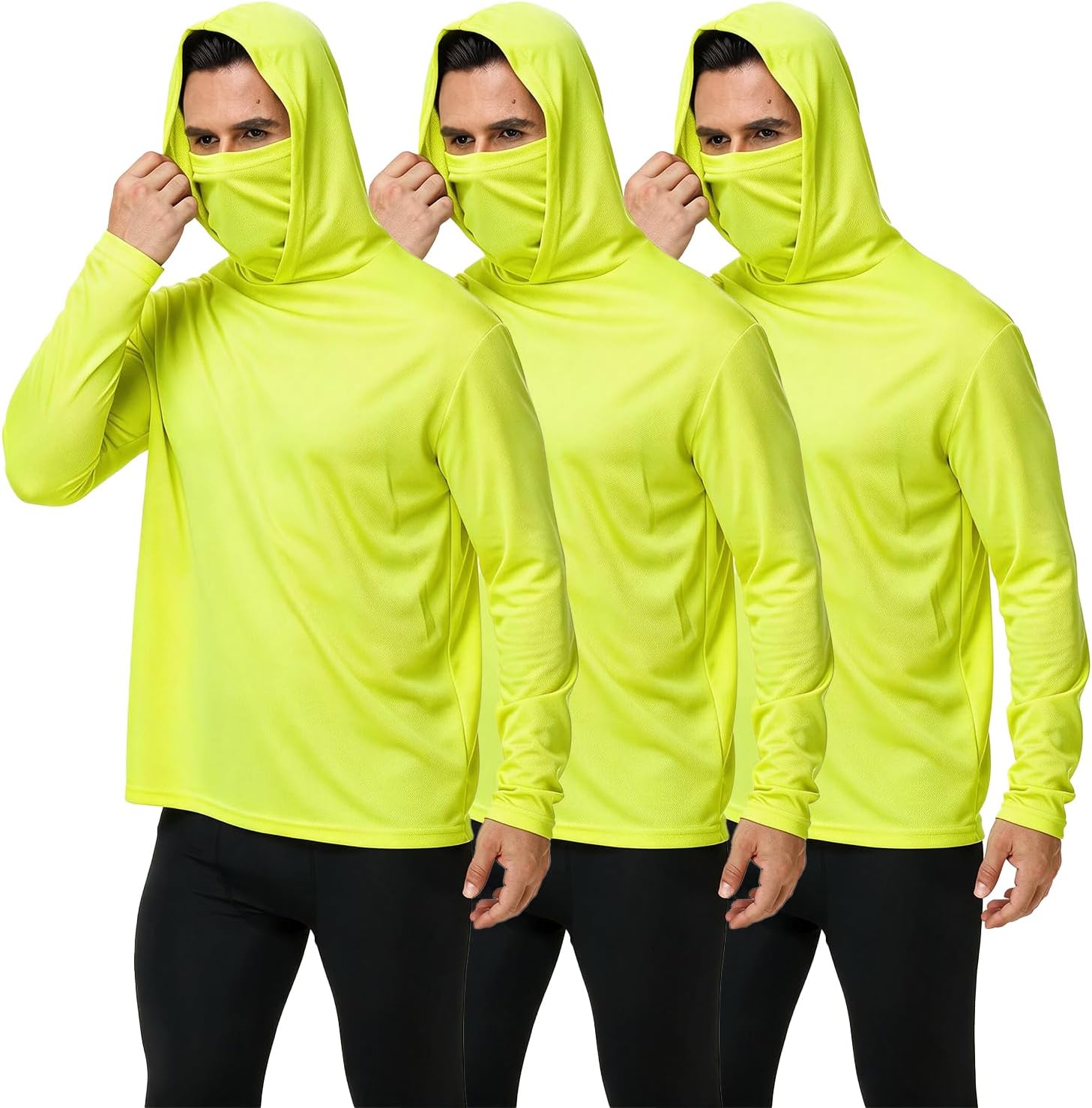 3-Pack Men's Sun Protection Hoodie with Face Cover, Lightweight Mesh Breathable Moisture-Wicking Quick-Dry Shirt