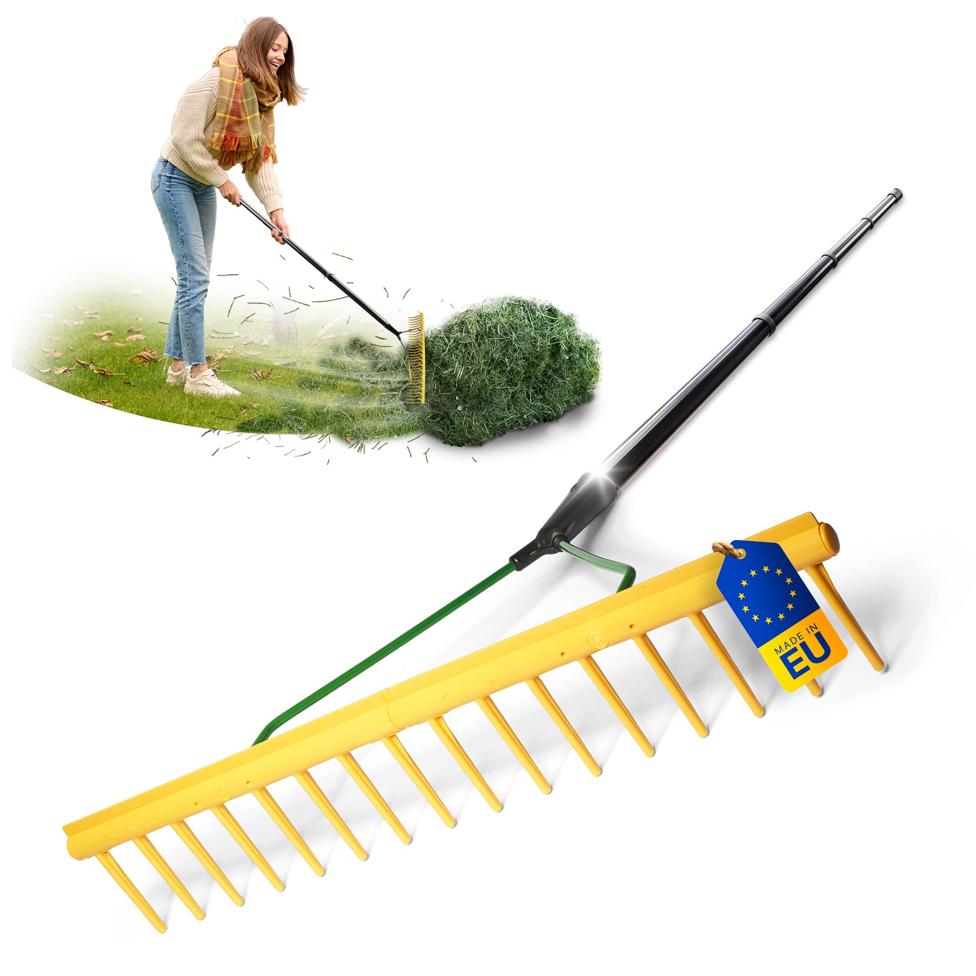 Novatool Rastrillo de jardín con borde de extracción, 16 dientes y 4 piezas con mango de tornillo y ranura, ancho de trabajo 64,5 cm, rastrillo de plástico y metal, recogehojas para el jardín