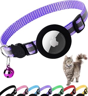 Breakaway AirTag Cat Collar Reflective Nylon with Bell - Lightweight Adjustable Kitten Collar for Cats (Purple)