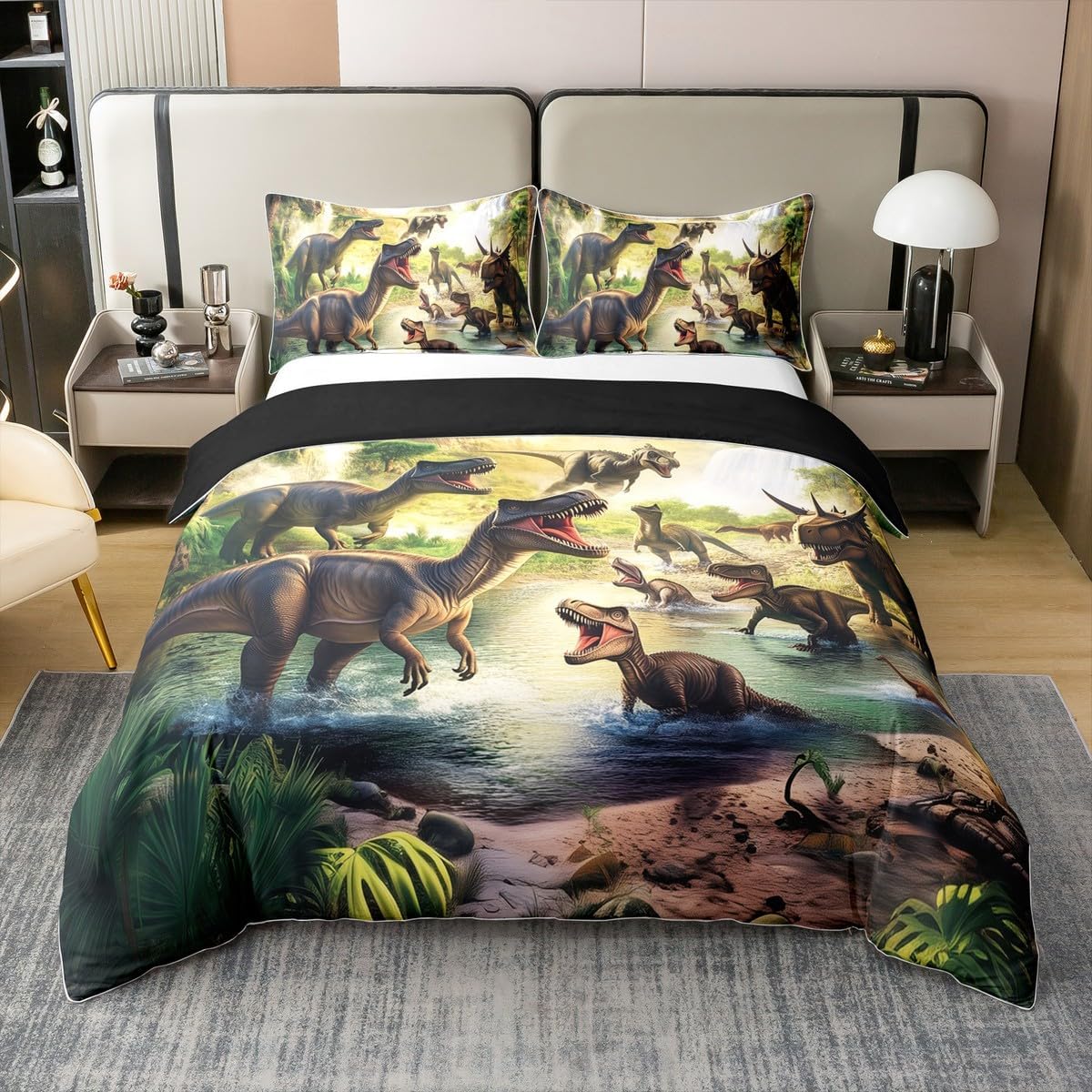 Erosebridal Dinosaur 100% Cotton Duvet Cover Full Wild Animals Bedding Set | Jungle Hunting Comforter Cover Trees Botanical Bed Set 3 Pcs