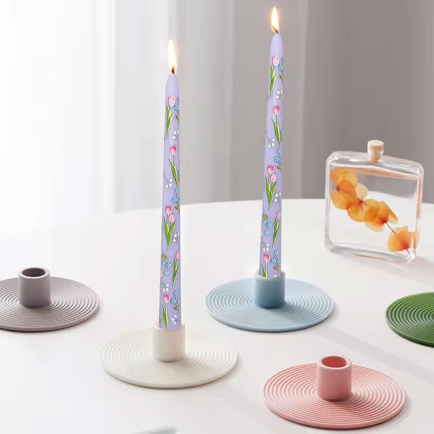 Floral Taper Candles 10 Inch Flower Candle 4pcs Spring Dripless Long Colored Candlesticks Unique Pastel Smokeless Handmade Tapered Candle Sticks for Party Wedding Home Décor