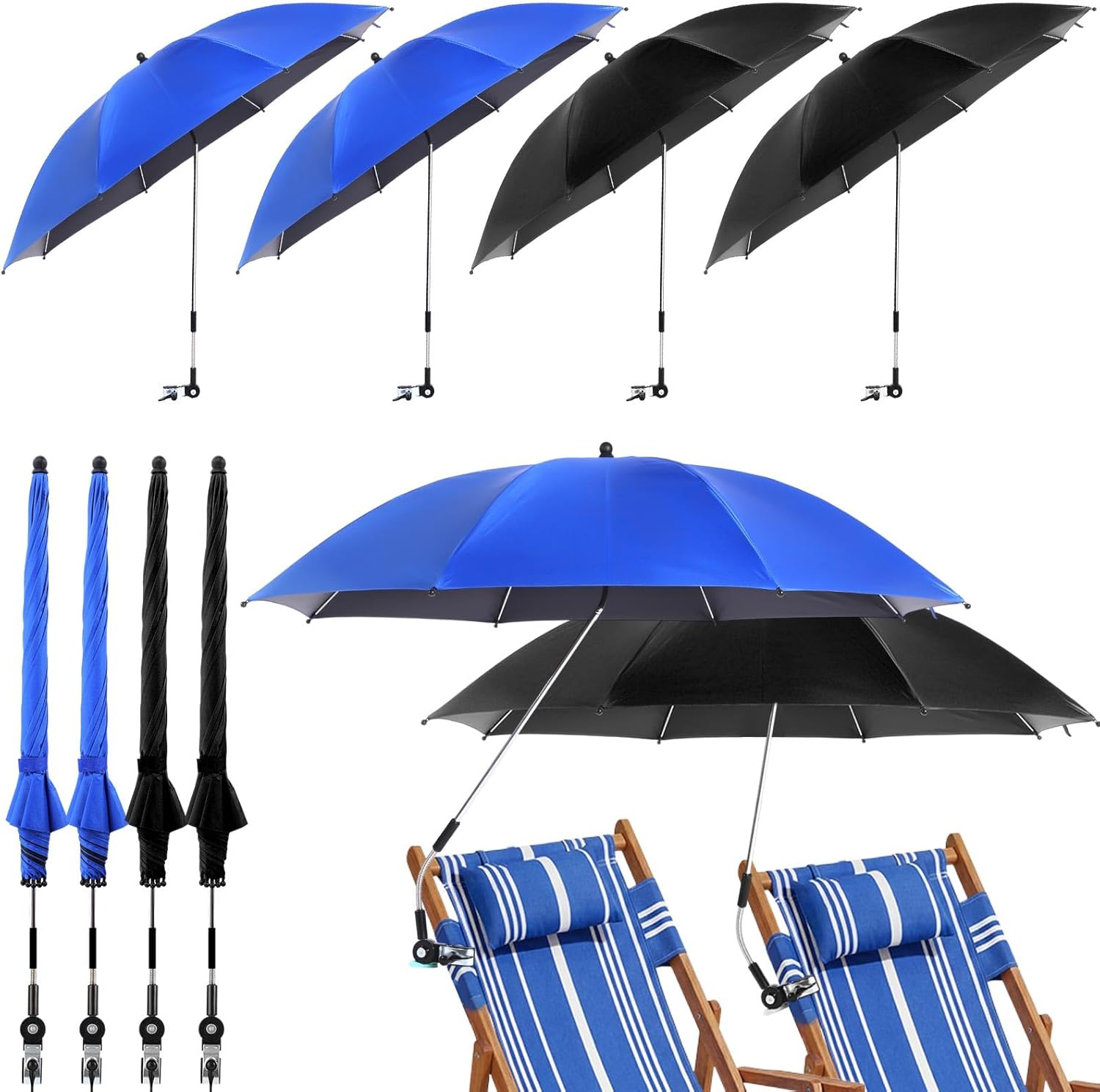 4 Pcs Beach Umbrellas with Clamp Bulk 360 ° Adjustable UPF50+ Umbrellas for Beach Chair, Stroller, Fishing, Camping, Patio, Wheelchair, Golf Carts (Chair Not Included)