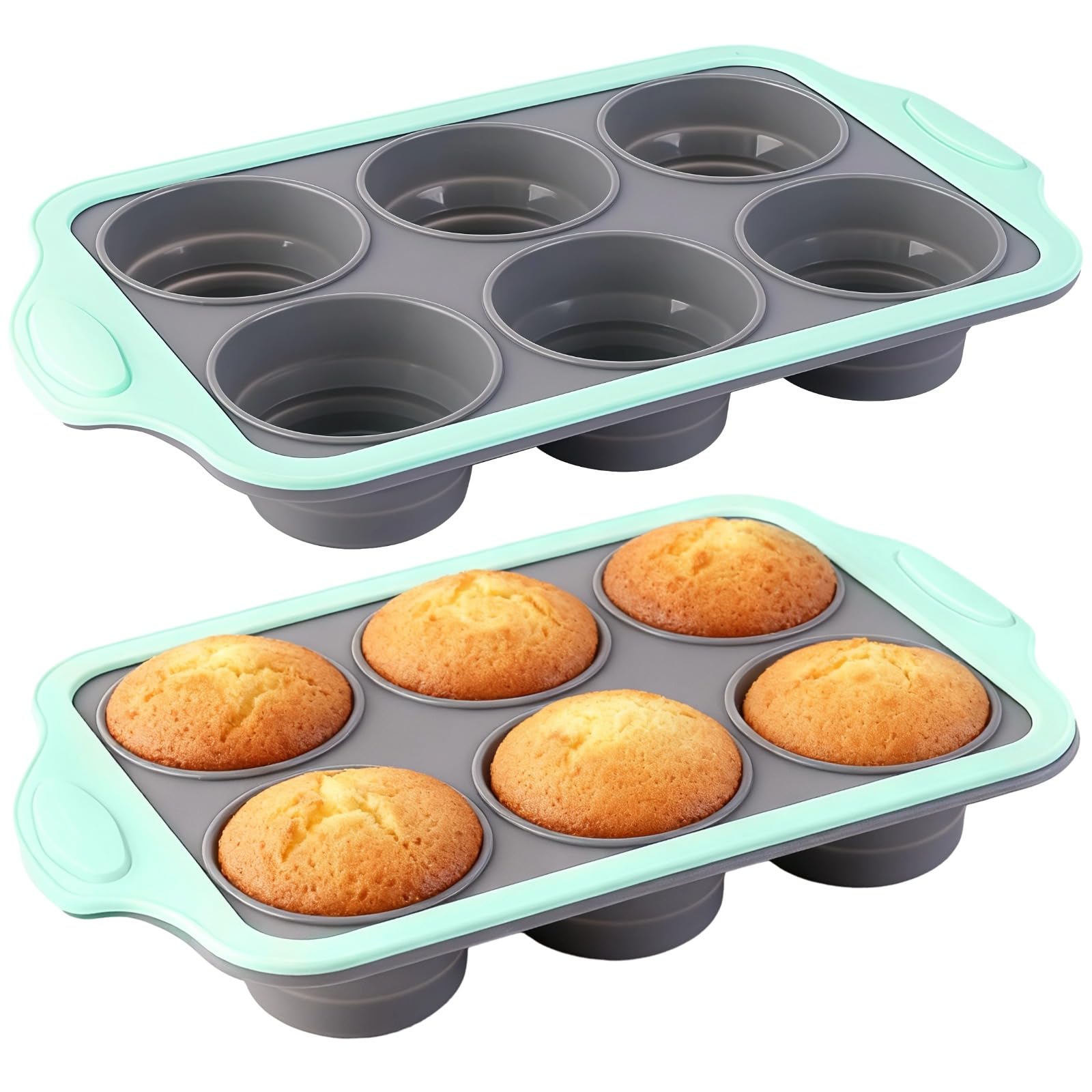Lot de 2 moules à muffins en silicone, 6 cavités, avec cadre en métal, 28,9 x 17 x 4,1 cm, moule à cupcakes pour muffins, gâteaux, pain, gris vert, adapté au contact alimentaire