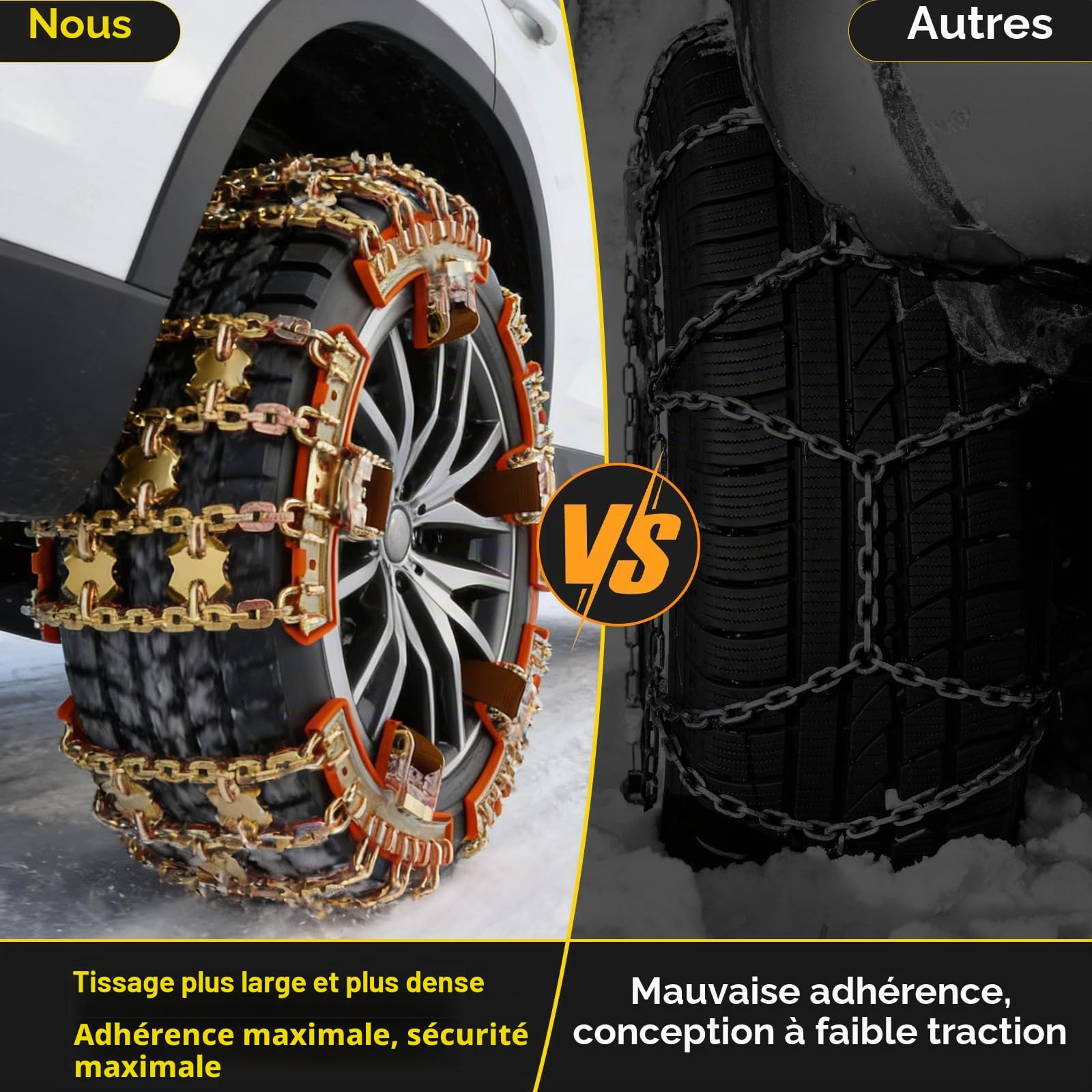 Lot de 6 chaînes à neige en fer avec gants pour tous les types de véhicules - Traction améliorée avec boucles en métal - Boucle à engrenage automatique - 185 mm - 245 mm