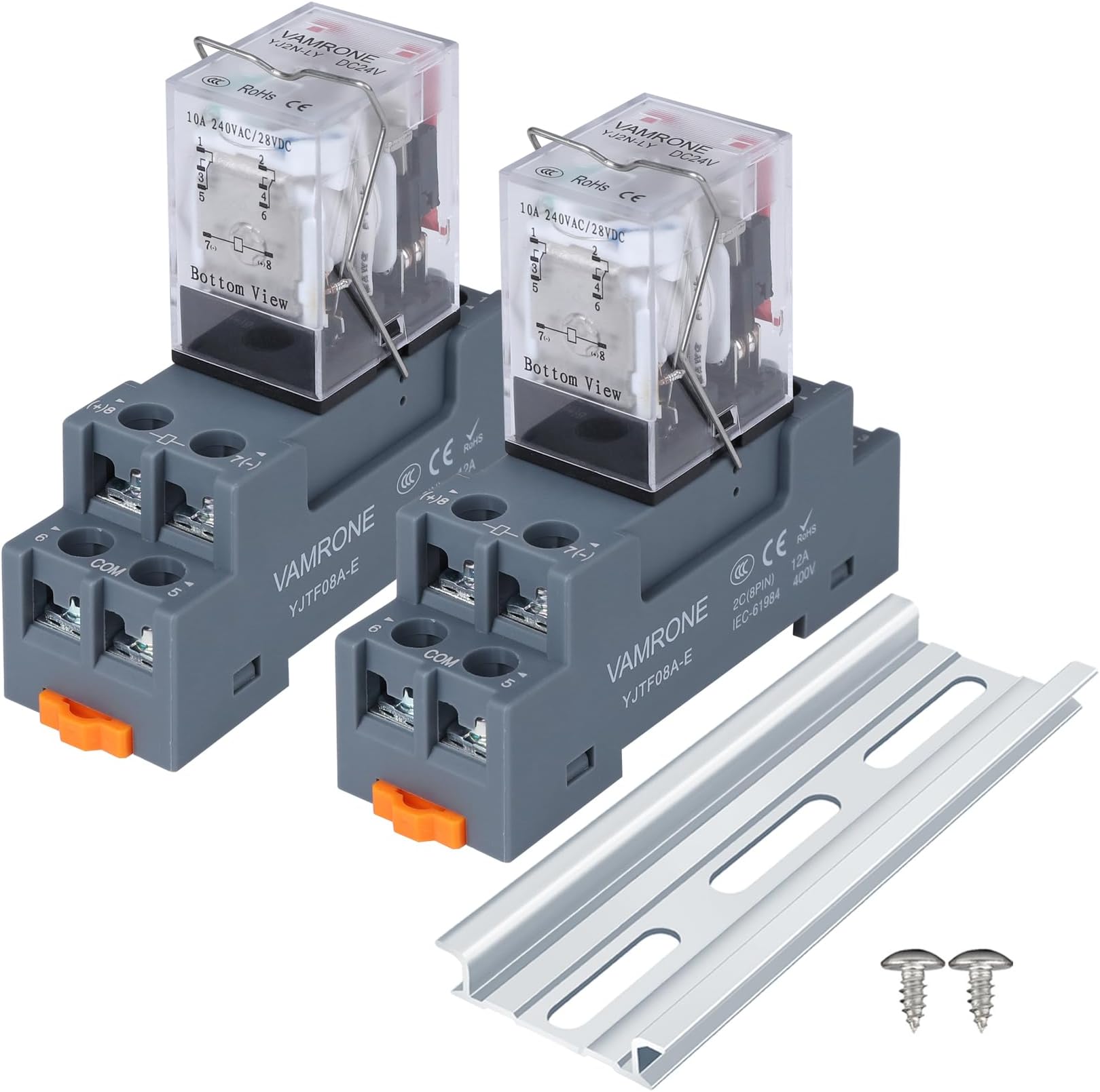 2PCS Electromagnetic Power Relay, 8-Pin 10A 24 DC Relay Coil with Socket Base, LED Indicator, DPDT 2NO 2NC - MY2NJ 2PCS [Applicable for DIN Rail System]