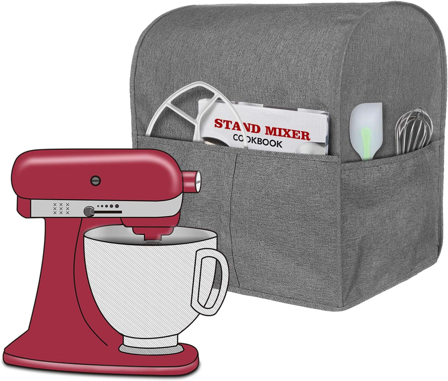 Stand Mixer Cover Compatible with Tilt Head 4.5-5 Quart KitchenAid Mixer, Cloth Dust Cover with Pocket for Extra Attachments (Gray)