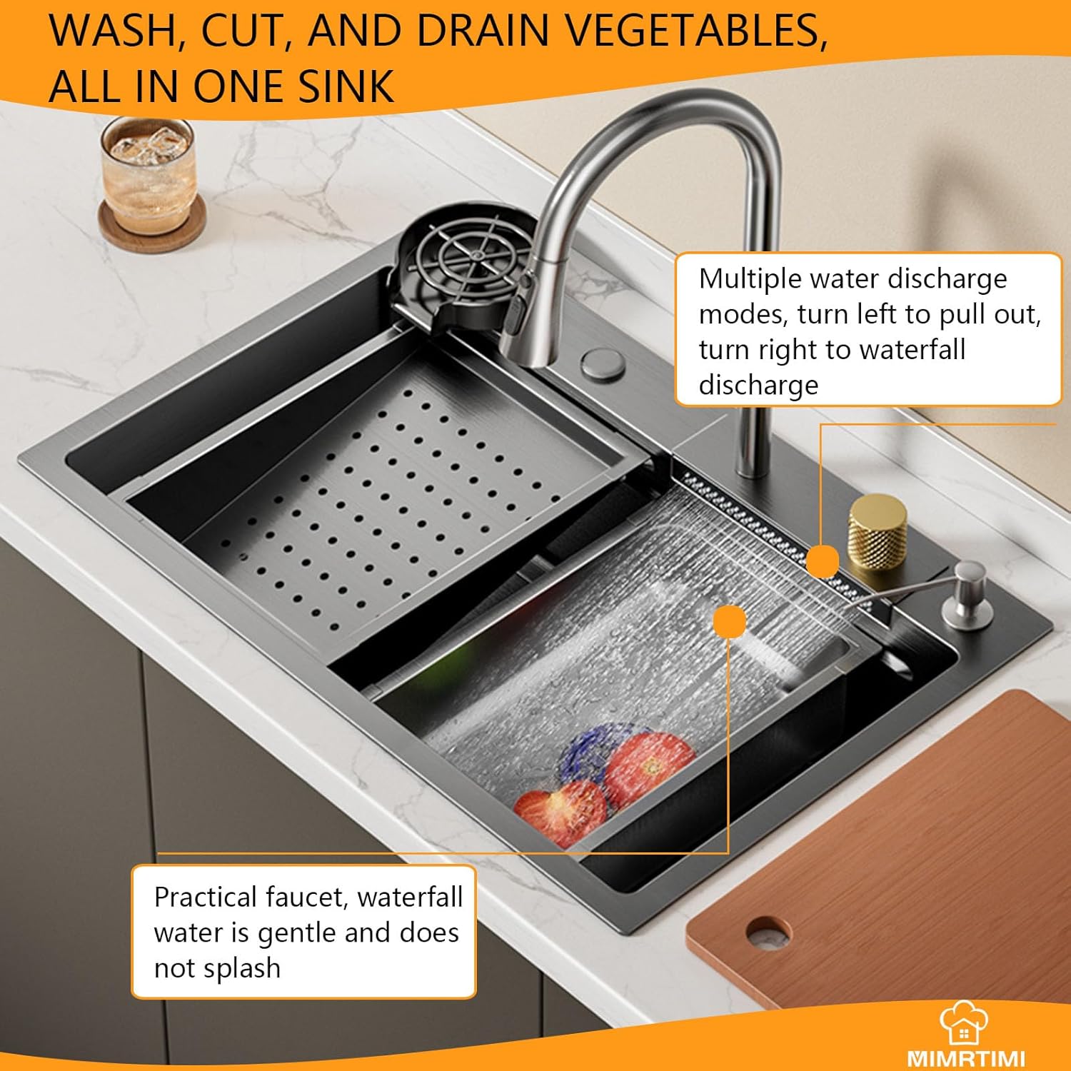 Waterfall kitchen sink 32X20" black Undermount Kitchen Sink with Pull-Out Faucet Stainless Steel Drop In Kitchen Sink Single Bowl with Accessories