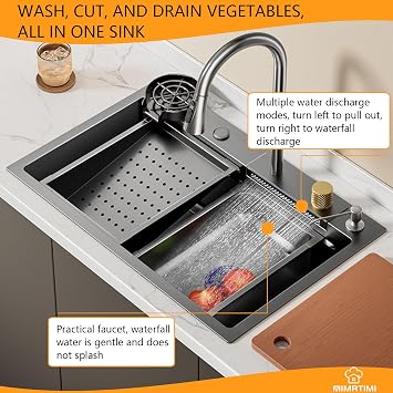 Waterfall kitchen sink 26X20 black Undermount Kitchen Sink with Pull-Out Faucet Stainless Steel Drop In Kitchen Sink Single Bowl with Accessories