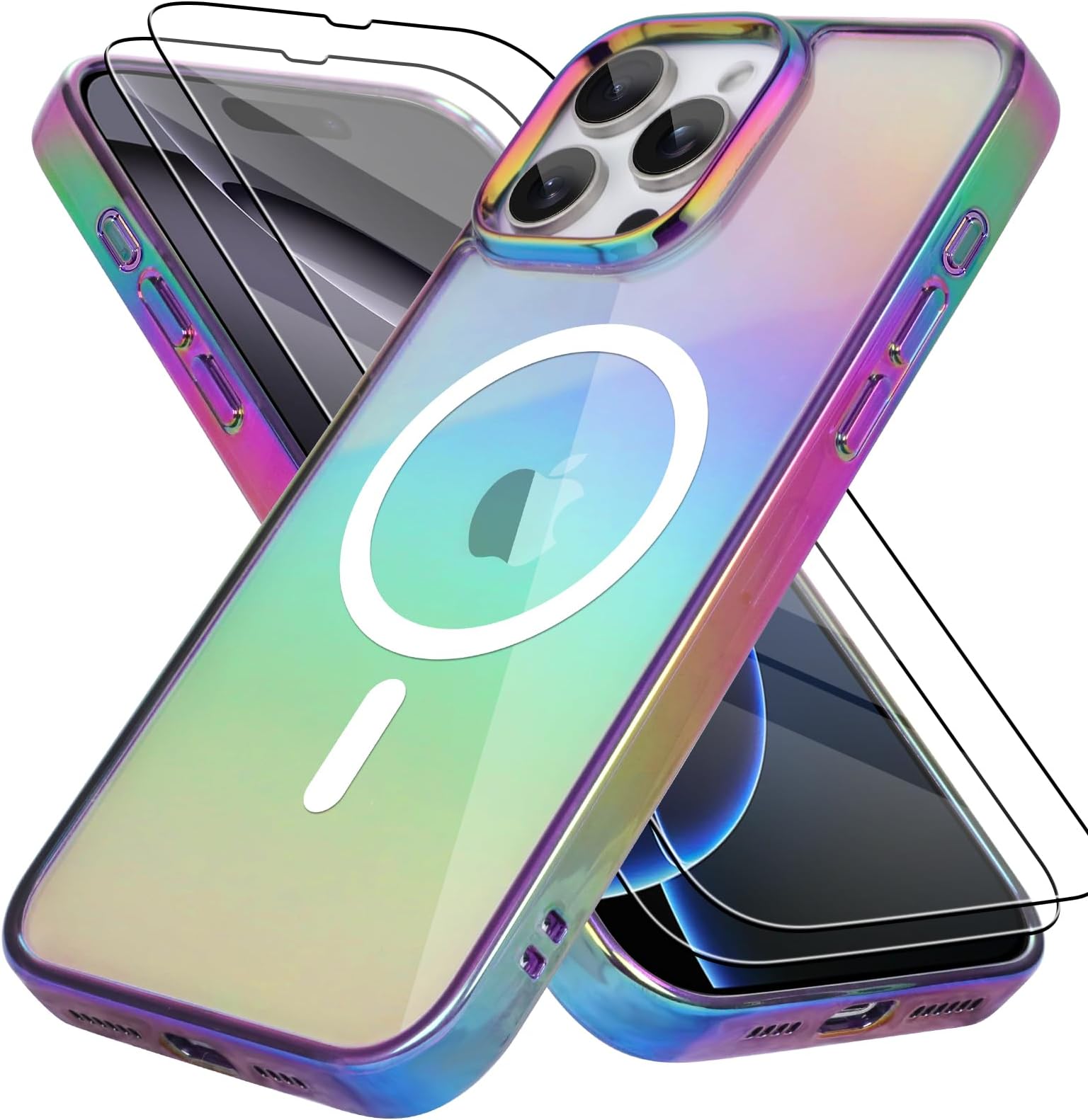 Bonoma for iPhone 16 Pro Max Case Magnetic 【Support for Magsafe】 Bling Laser Iridescent Florescent Crystal Luxury Camera Protector + 2* Screen Protector Shockproof Edge Cover -Purple