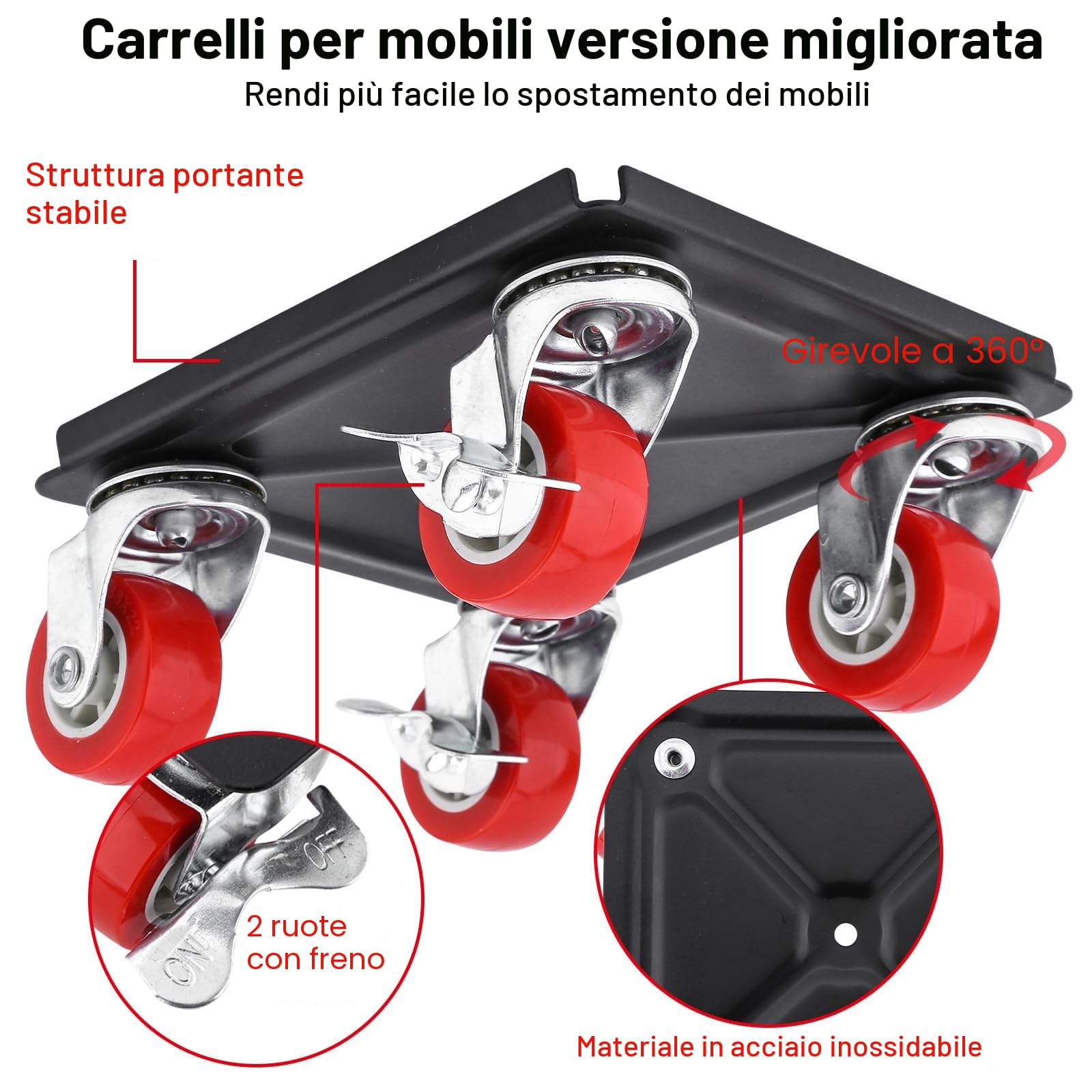 LESOLEIL Sollevatore Mobili Pesanti, Kit Rotelle per Spostare Mobili con 360 Gradi rotelle e freni per Spostare Mobili Pesanti, Frigorifero, Divano, Carico Fino a 800KG