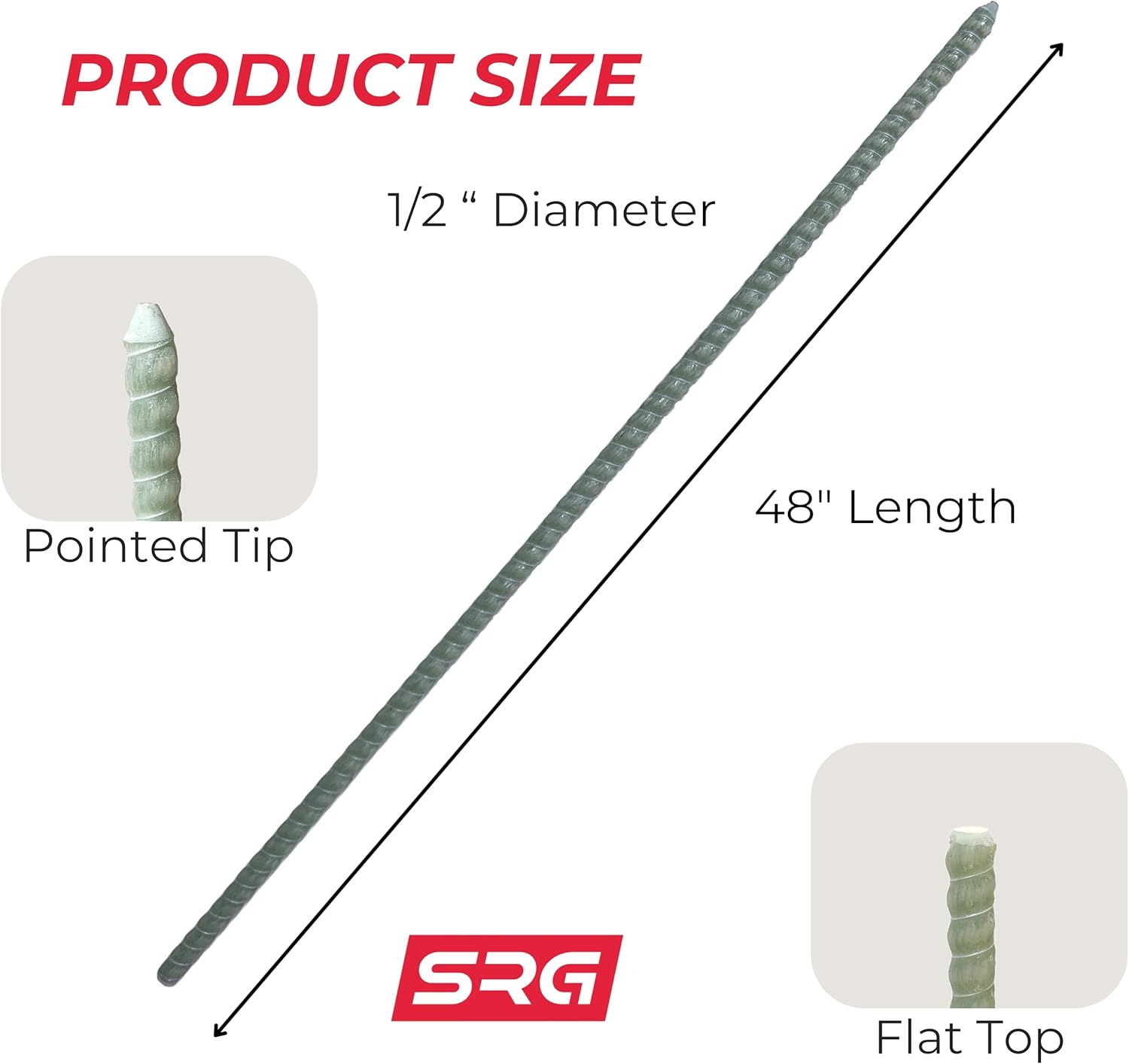 48” inch 1/2" Fiberglass Rebar Ground Stakes (20 pcs) Heavy Duty Never Rust Stakes for Concrete, Timber, Garden, Plant, Tent. Long Straight Stakes 1/2" Thickness Ground Anchors with Pointed End.