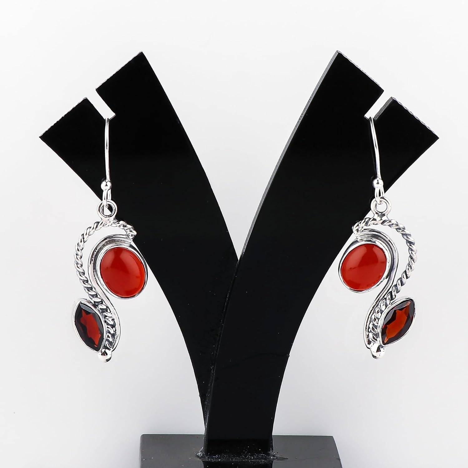 Natural Carnelian & Garnet Gemstone Earrings, 925 Sterling Silver Dangling Earrings, Handmade Jewelry, Designer Fashion Jewelry, Birthday Mother's Day Gift for Women - Image 4