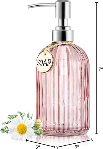 Miniatura 7 de Dispensador de Jabón de 16OZ con Bomba de Acero Inoxidable 304, Dispensador de Jabón Recargable de Vidrio Transparente con Rayas de Moda,