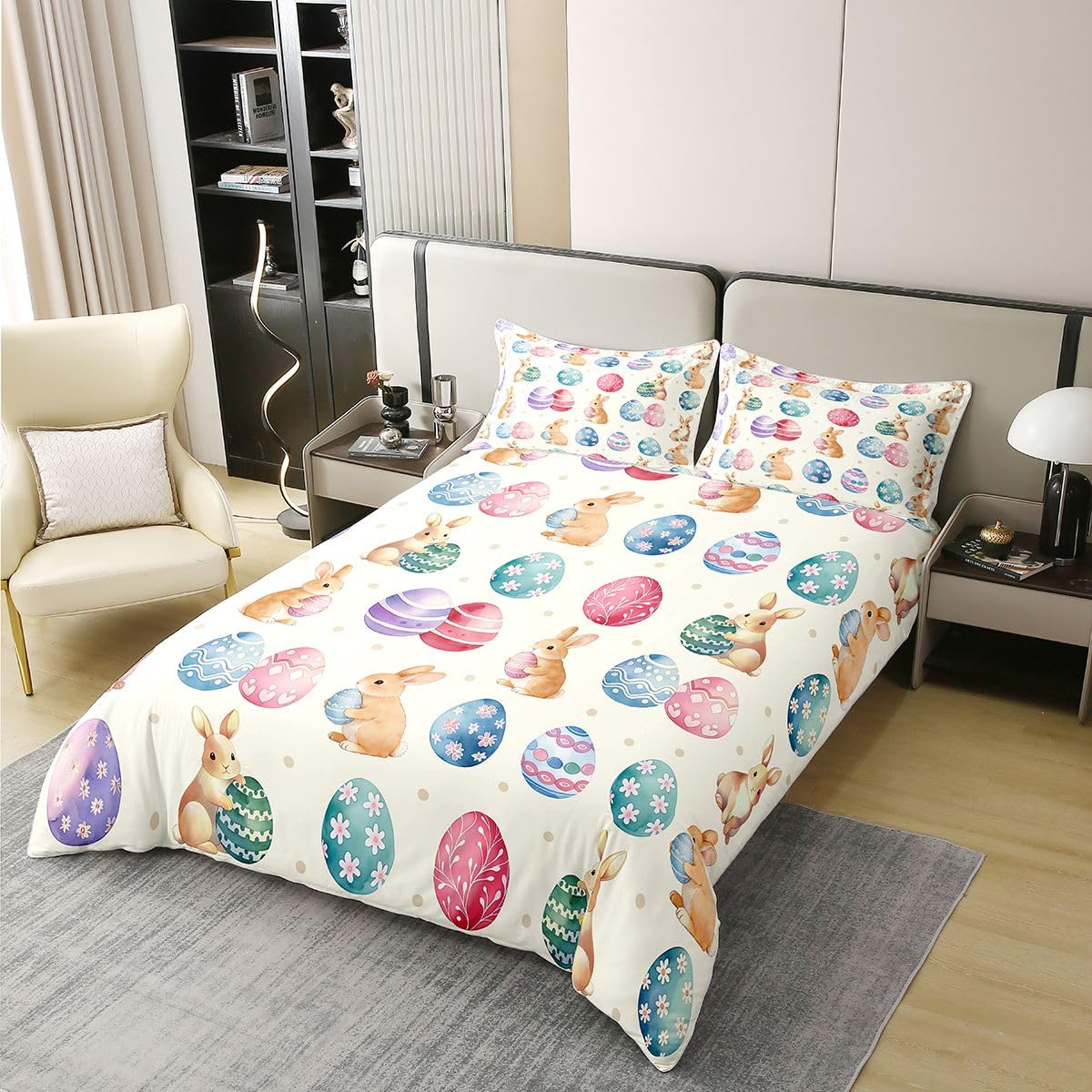 Manfei Happy Easter - Juego de funda de edredón 100 % algodón, tamaño Super King, juego de ropa de cama de 3 piezas con estampado de huevos coloridos, decoración de habitación de niños y niñas, 2