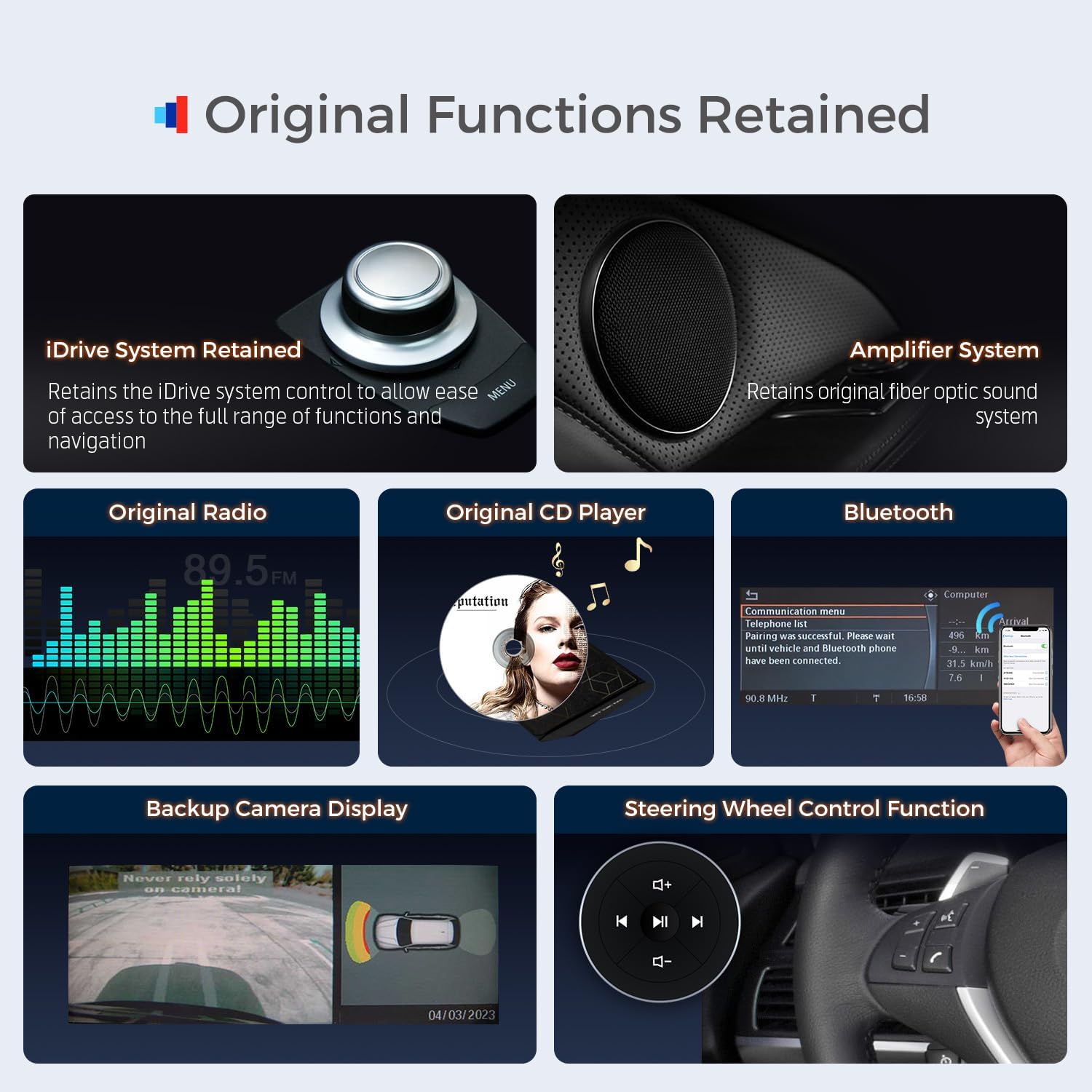 Image showing various original car functions retained by the XTRONS unit: iDrive System, AmpSistema d'amplificador, ràdio original, reproductor de CD original, Bluetooth, pantalla de la càmera de marxa enrere i funció de control del volant.
