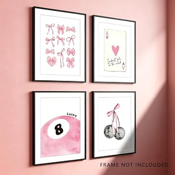 Pink Room Decor Aesthetic Wall Art Prints Poster, 8x10 Inch Canvas Prints Unframed Set of 4 Posters for Teen Girls Bedroom Dorm Decor