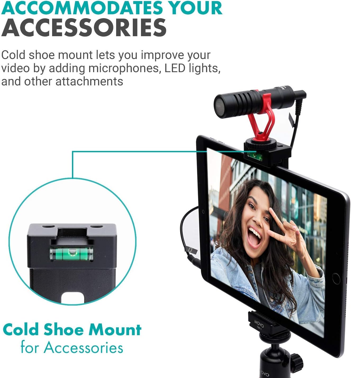 Movo TBR-1 Universal Tablet Tripod Mount with Cold Shoe for Mini Microphone, Aluminum, Compatible with iPad, Samsung Galaxy, Android Tablets and More