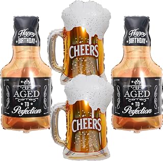 Beer Mug Balloons Whiskey Bottle Balloon Beer Themed Birthday Party Decoration Aged to Perfection Party Supplies, 4 Pack