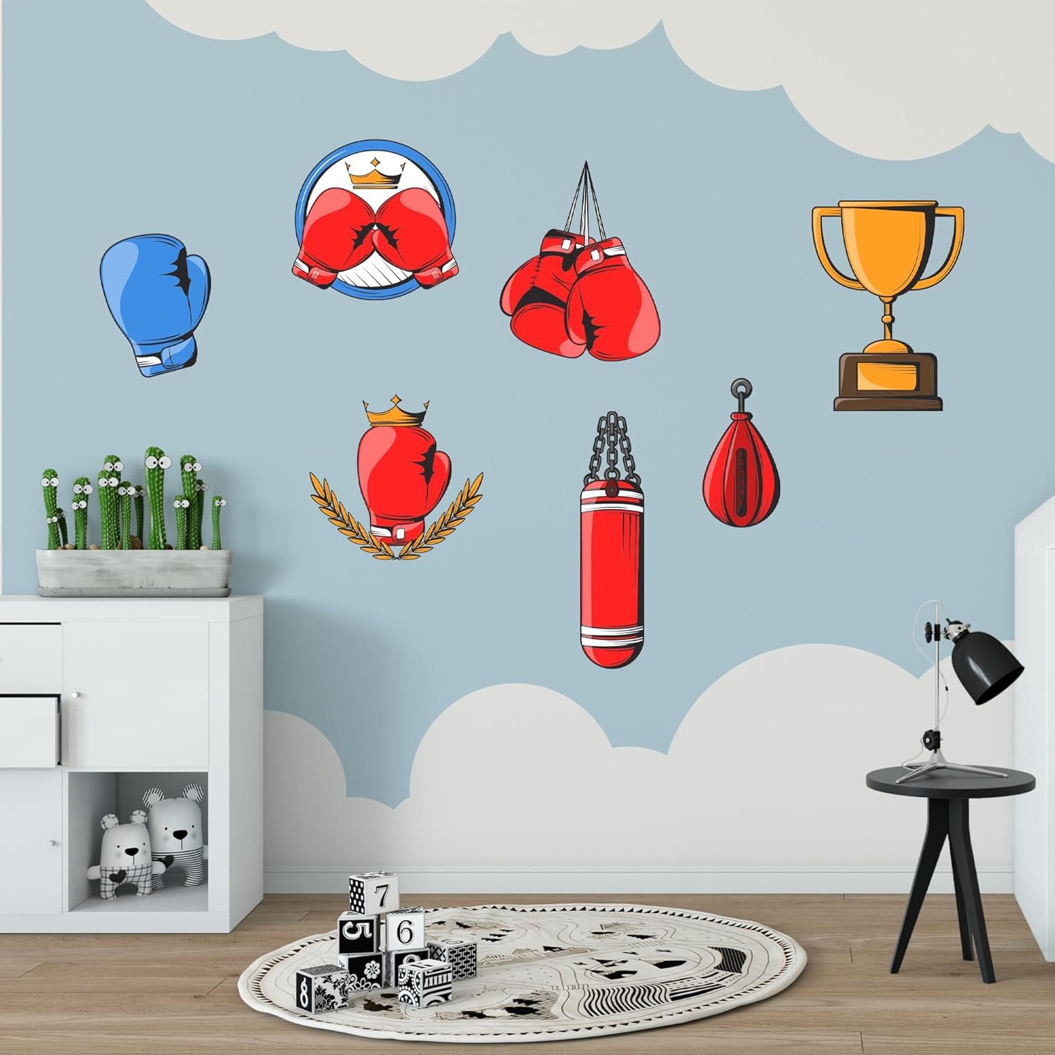 Themed Boxing Wall Sticker - 7 Icons Decal Wall Art (90cm width x 45cm height)
