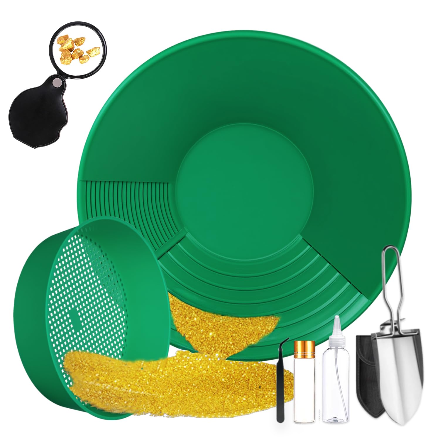 Orpaillage Kit Batee Orpaillage Matériel Gold Pan Kit 7 Pièces Orpaillage Tamis pour Sable Or Mines Lavage Manuel Or Panning (Vert Kit)