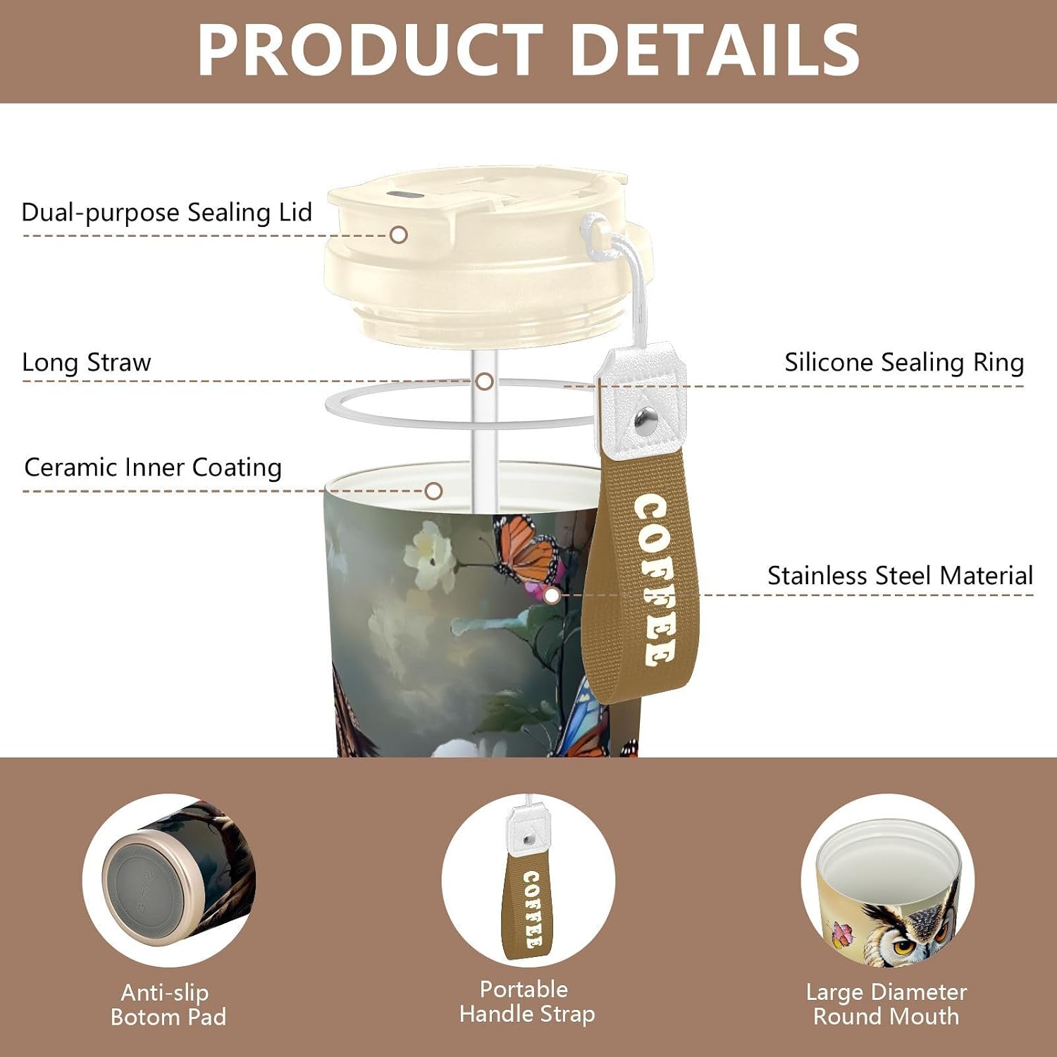 Butterfly Owl Floral Insulated Coffee Mug with Straw & Flip Lid, 16.9oz Iced Tumbler Cup, Double Wall Vacuum Mug for Travel Office