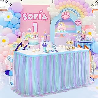 QueenDream Blue Tulle Table Skirts for Retangle Table 9ft Tutu Table Skirt Tablecloth Purple for Mermaid Party Cake Table Decorations