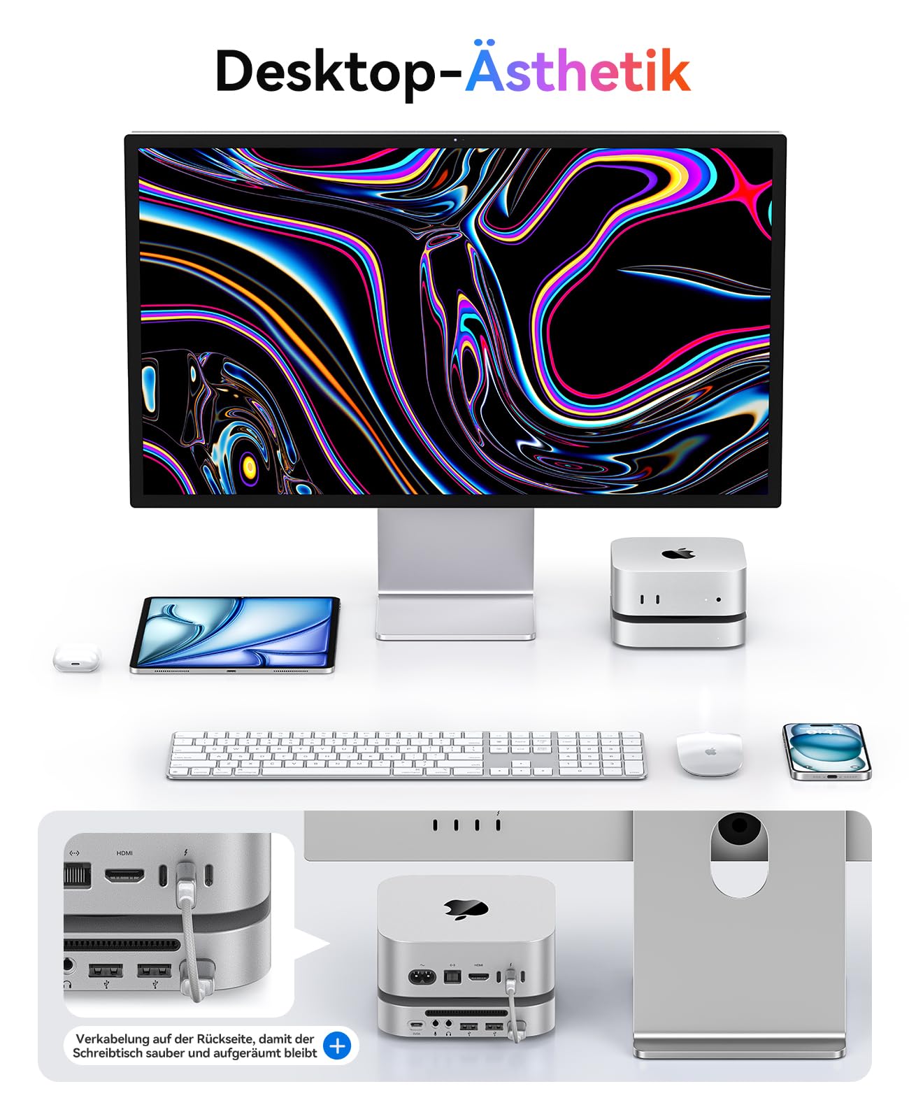 ORICO MiniMate Pro+ 40Gbps USB4-Dock für Mac mini M4/M4 Pro 2025. Aluminium, 2TB NVMe SSD (Nicht abnehmbar), 3,5mm Audio, 2×USB-A. Perfekter Stand & Hub in einem.