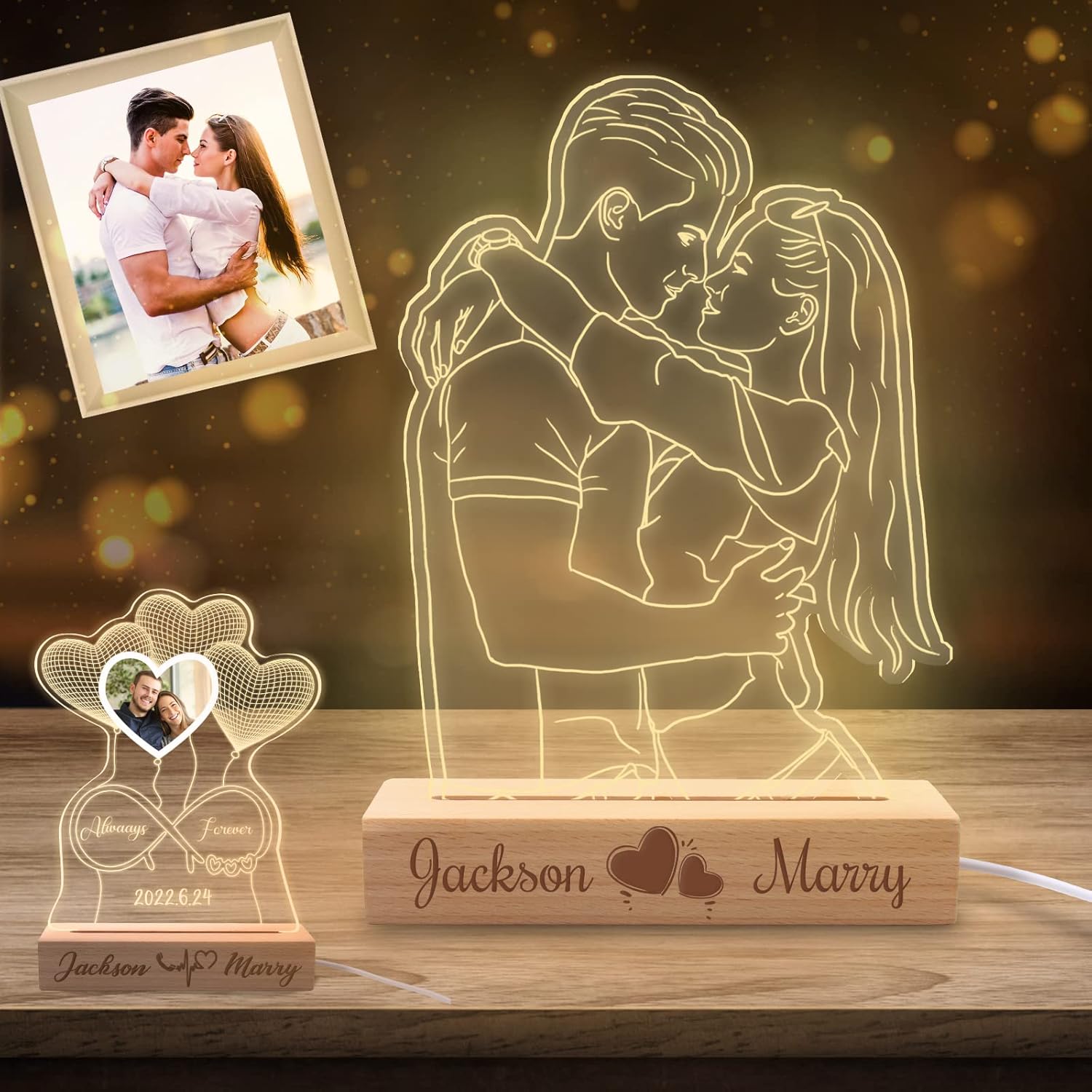Custom 3D Photo Lamp Personalized Portrait Illusion Night Light with Picture Engraved Name Text for Couple Bf Gf