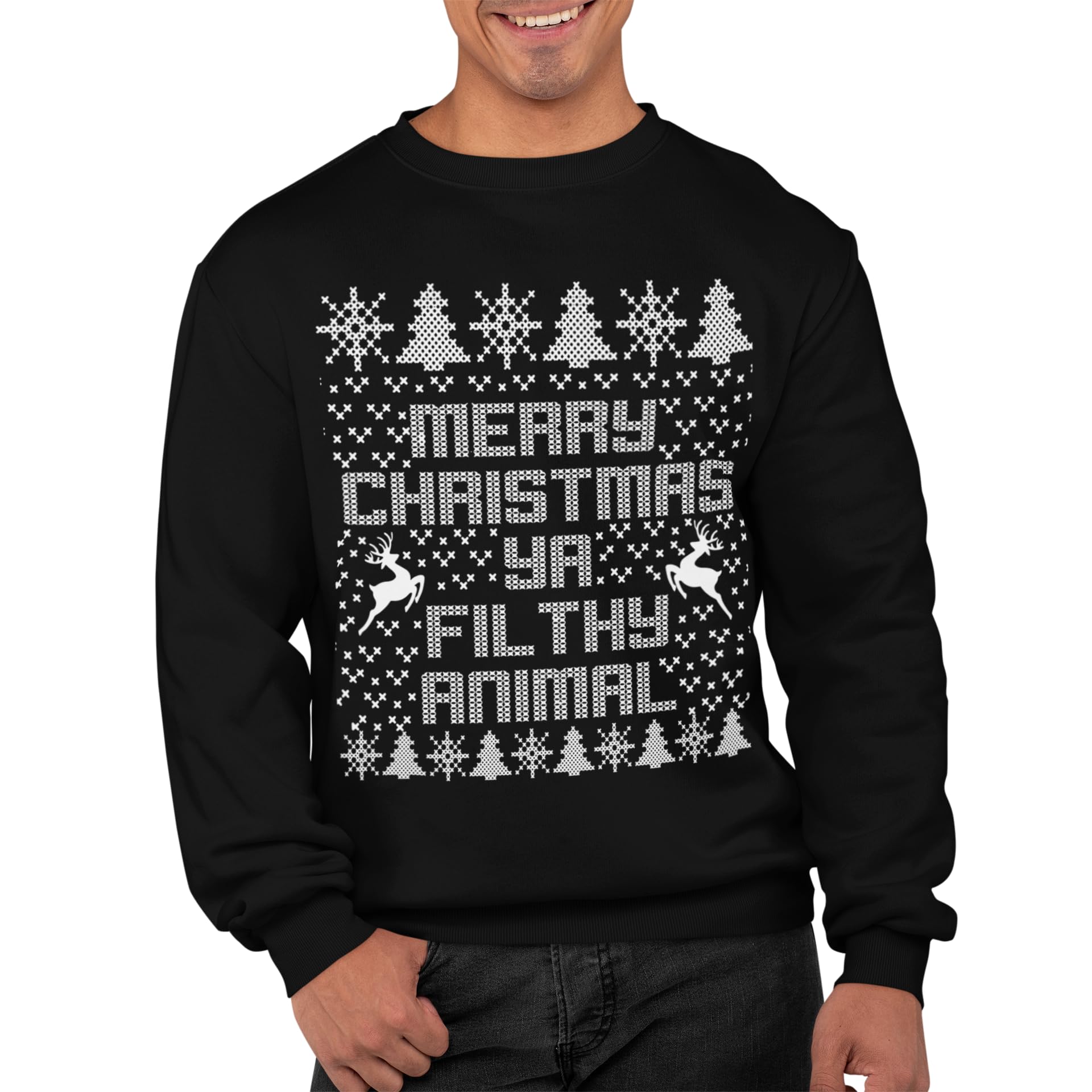 Graphic Impact Unisex Black Merry Christmas Ya Filthy Animal Sarcastic Mean Ugly Christmas Theme Xmas Jumper Adults Sweater (, Xlarge)