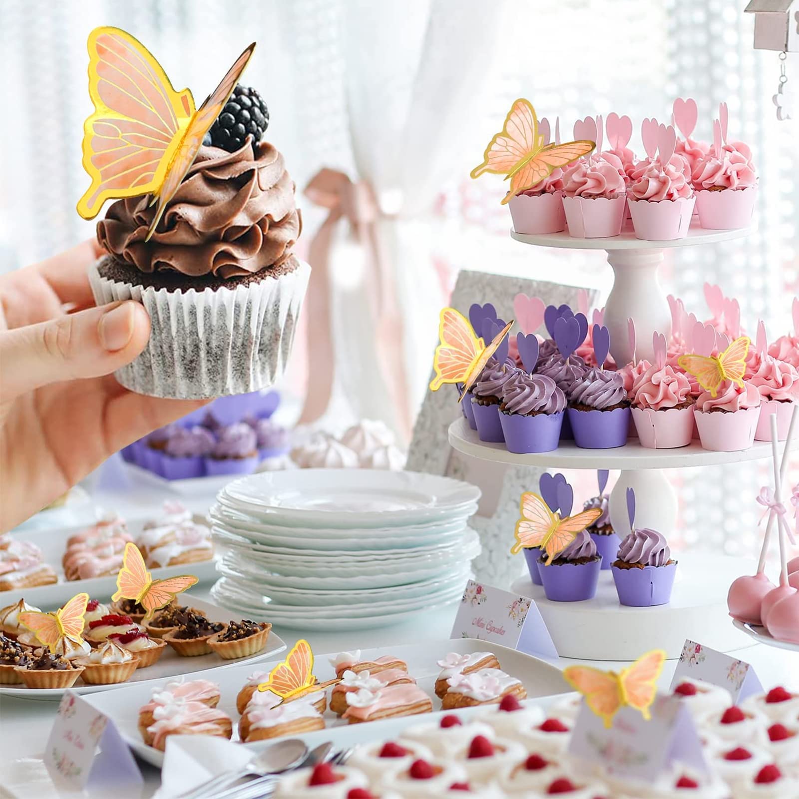 30 stuks vlindertaarttoppers voor verjaardag, bruiloft, feest, taartdecoratie, desserts met 1 ronde taartdecoratie