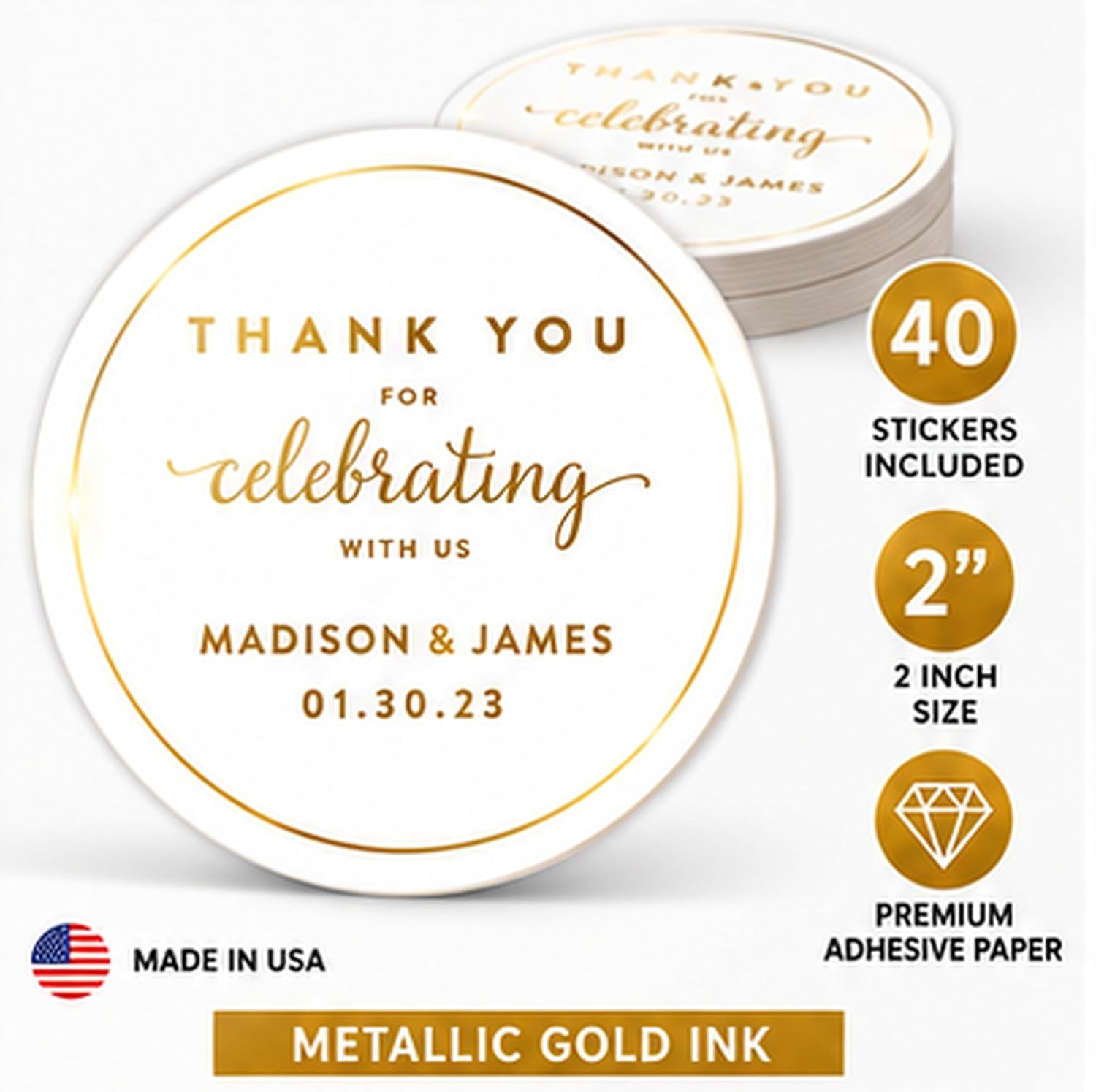 Andaz Press Personalized Round Circle Wedding Favor Gift Labels Stickers, Metallic Gold Ink, Thank You for Celebrating with Us Sticker, 40-Pack, Custom Made Any Name Wedding Stickers for Favors