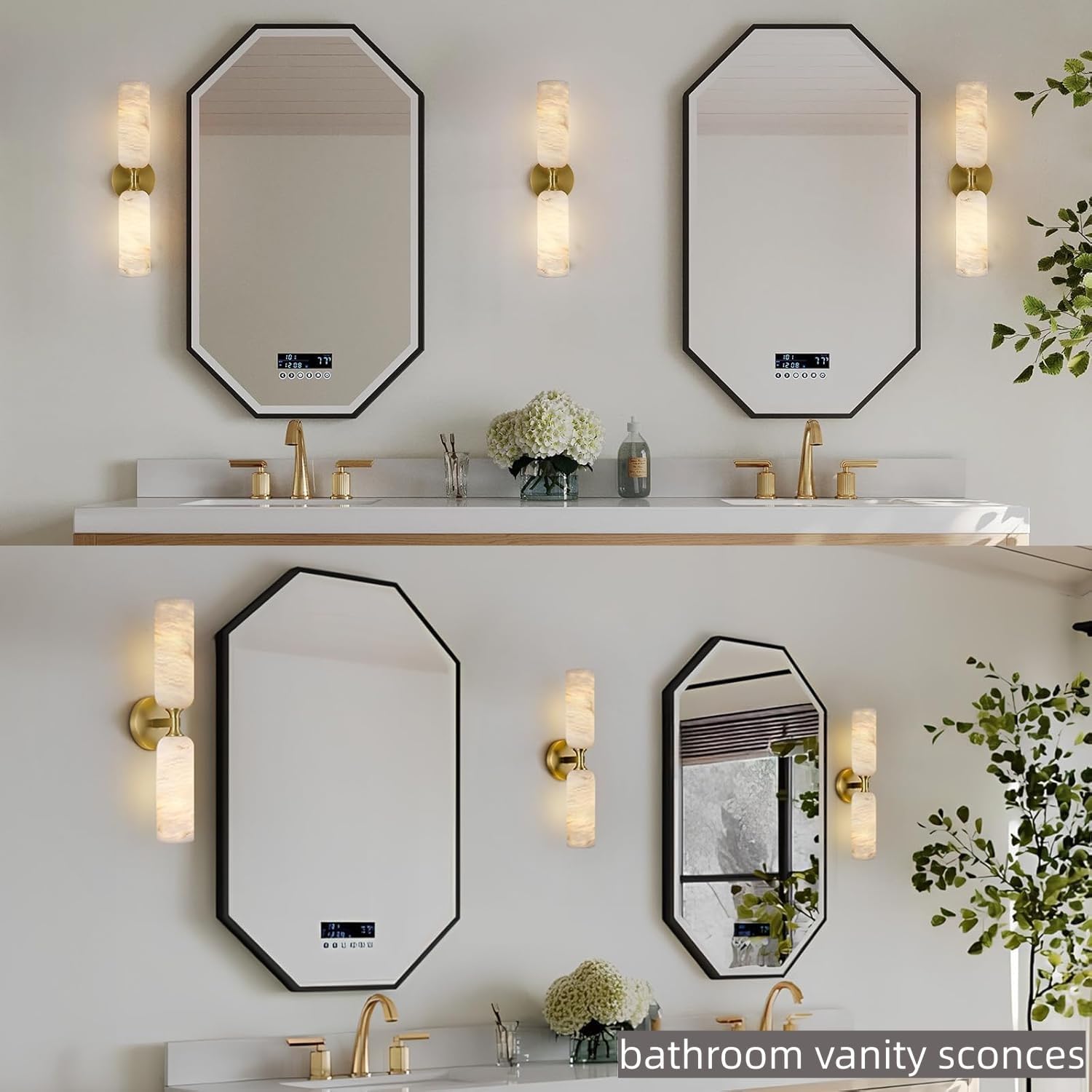 20in Alabaster Wall Sconces Set of Two, Modern Spanish Natural Marble Bathroom Vanity Sconces, Brass Alabaster Sconce Wall Lighting, Gold Wall Light Fixtures Decor for Bedroom Living Room Staircases