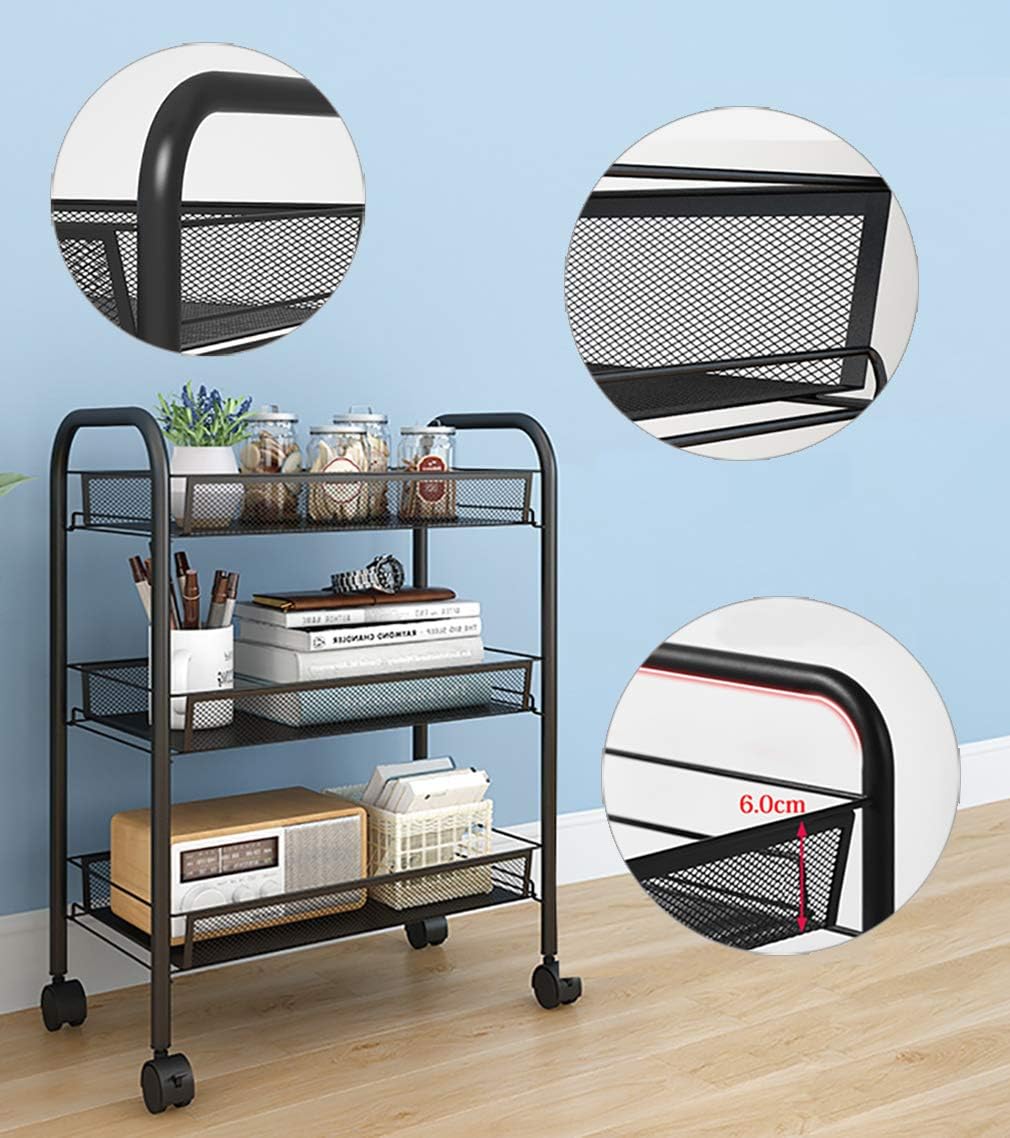 Amlanpin Rolling Storage Cart 3-Tier Metal Mesh Basket Shelves Organizer with Wheels for Home,Office,Kitchen,Bathroom,Bedroom(Black) : Office Products