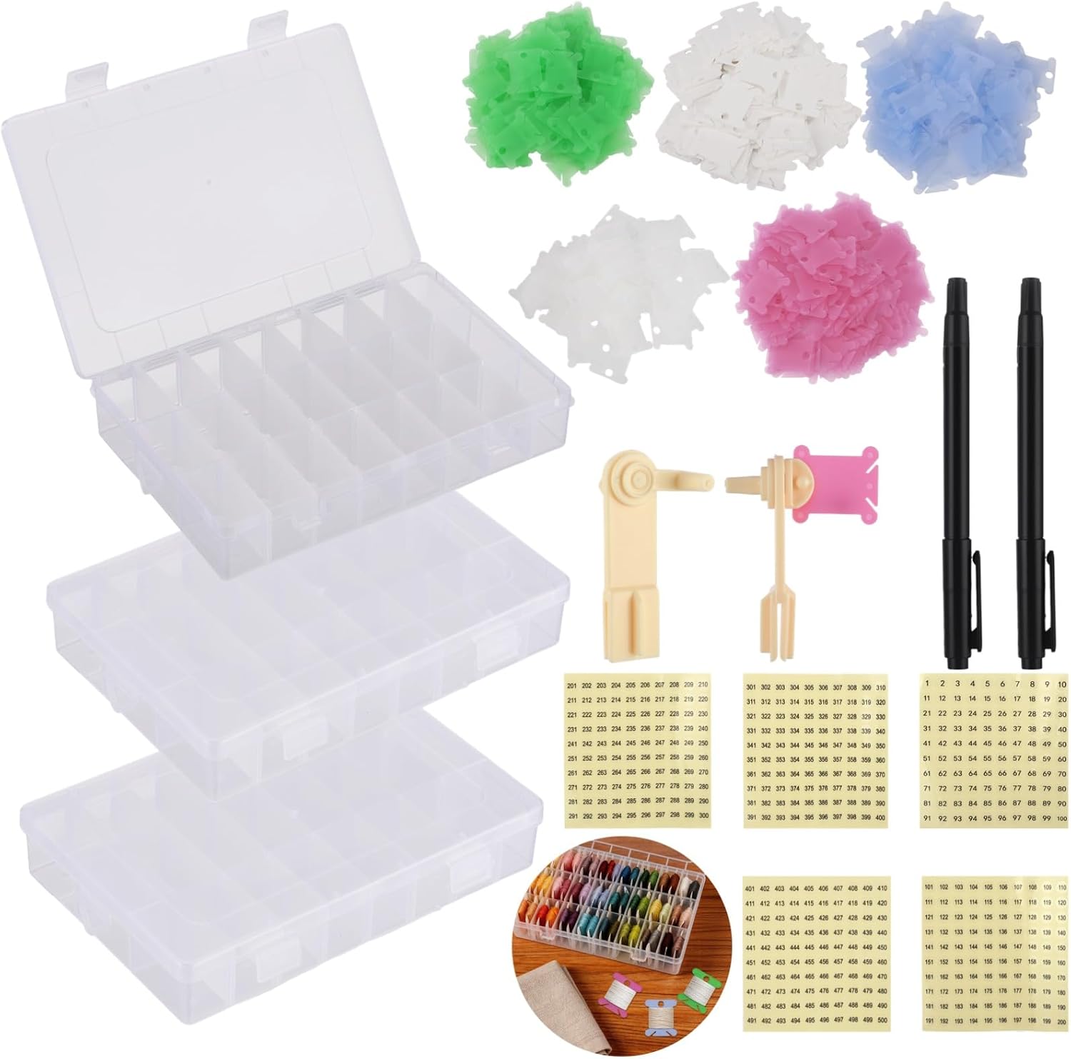 Embroidery Floss Organizer Kit, 3 Pcs 24-Grid Detachable Clear Thread Storage Boxes, 500 Bobbins, 1-500 Number Stickers, 2 Hand Winders & 2 Markers for Cross Stitch, DIY Sewing & Craft Projects