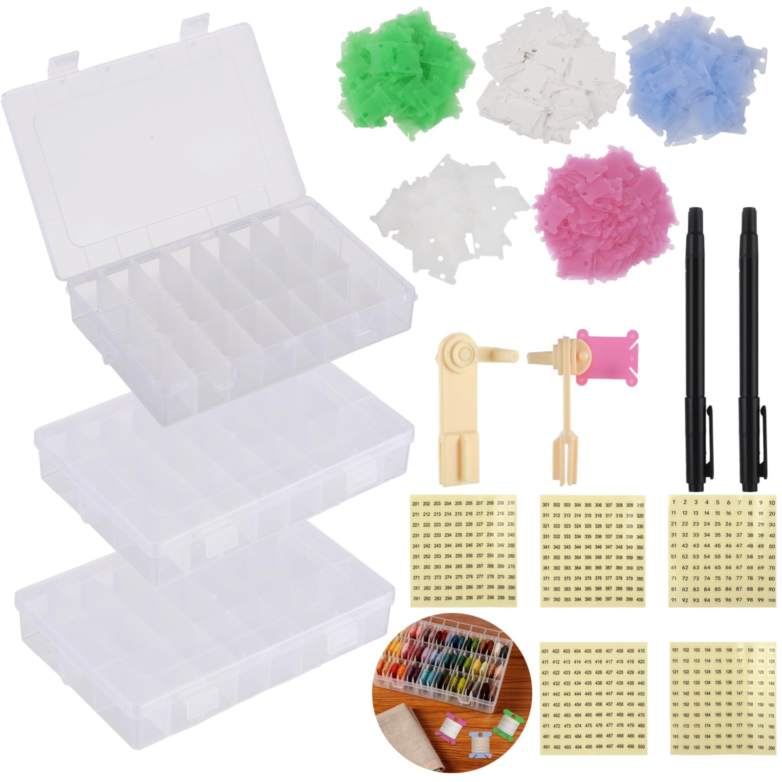 Stickgarn Organizer Set, 3 Stk. 24-Fächer abnehmbare Klarsichtboxen, 500 Garnkarten, 1-500 Zahlaufkleber, 2 Handwickler und 2 Marker für Kreuzstich, DIY Nähen, Bastelprojekte