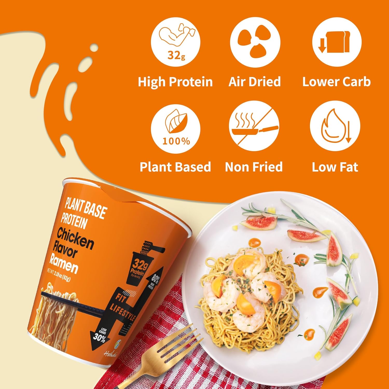 Hethstia Instant High-Protein Ramen Cup Chicken Flavor 6 Packs and Konjac Angel Hair Gluten Free 12 Packs, Plant-Based, Low Fat, Healthy Food
