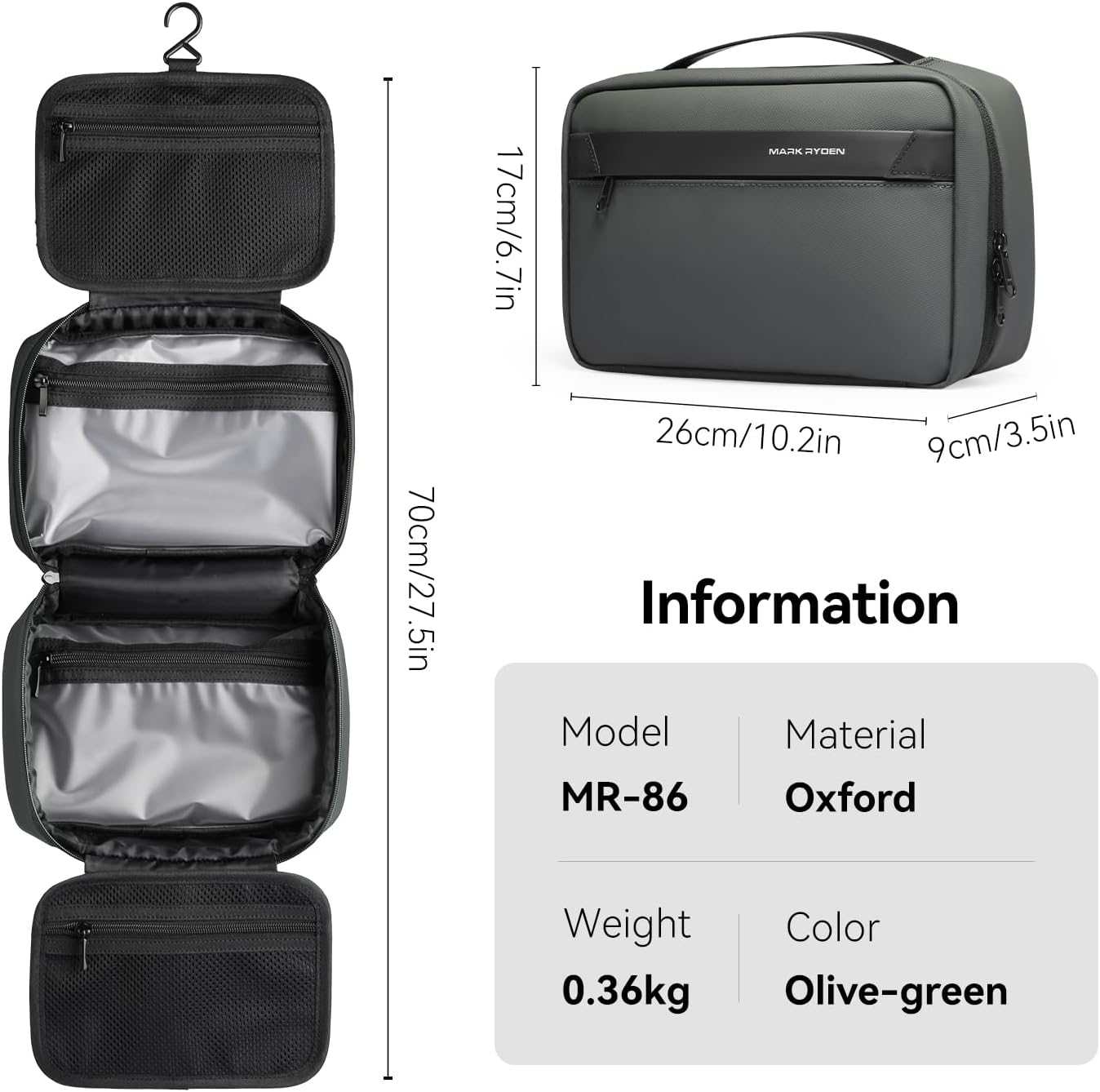 MARK RYDEN Toiletry Bag for Men, Travel Toiletry Organizer Dopp Kit Water-resistant Shaving Bag for Toiletries Accessories (Green)