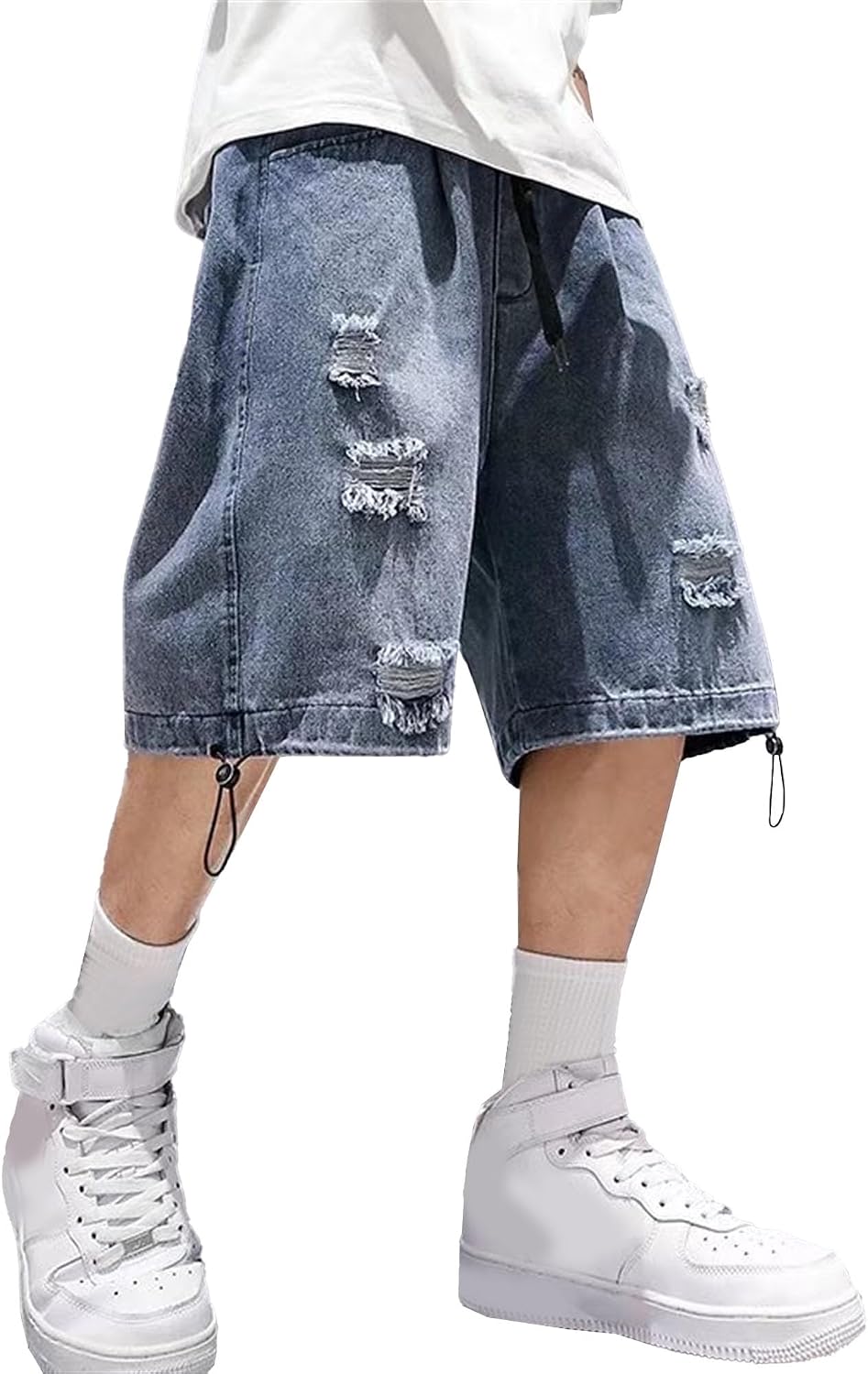 Men's Summer Casual Ripped Denim Shorts Drawstring Elastic Waist Loose Jean Shorts Fashion Vintage Short Jeans