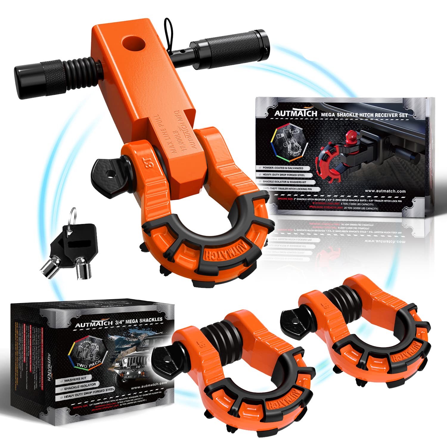 AUTMATCH Mega Shackles 3/4 D Ring Shackle and 2" Shackle Hitch Receiver with 5/8" Trailer Hitch Lock Pin, 68,000 Lbs Break Strength Heavy Duty Receiver Kit for Vehicle, Orange