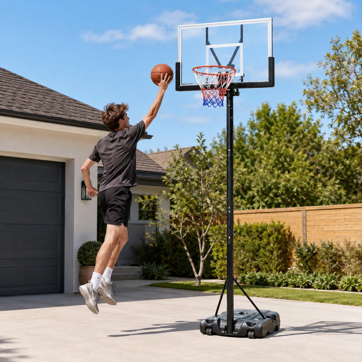Portable Basketball Hoop Stand 6.5–10FT Adjustable Height, 110 x 70cm Shatterproof Backboard, 45cm Steel Rim, Fillable Wheeled Base, Indoor Outdoor Basketball System for Kids Adults