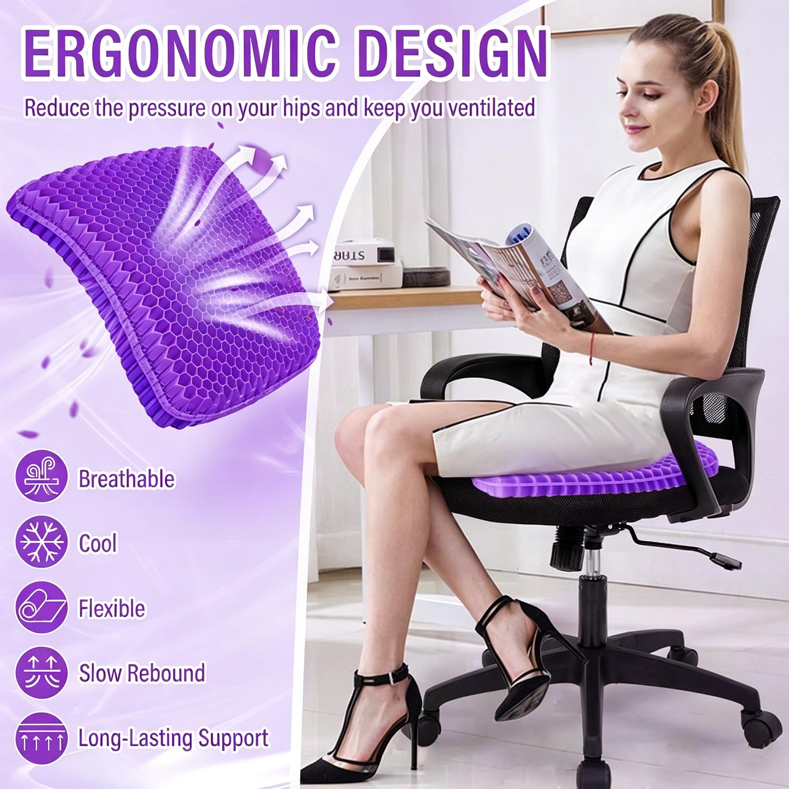 TOGETDREAM Żelowa poduszka do siedzenia, miękka poduszka o strukturze plastra miodu ergonomiczna poduszka fajna poduszka żelowa duża podwójna gruba poduszka żelowa z ochroną tkaniny łagodzenie bólu