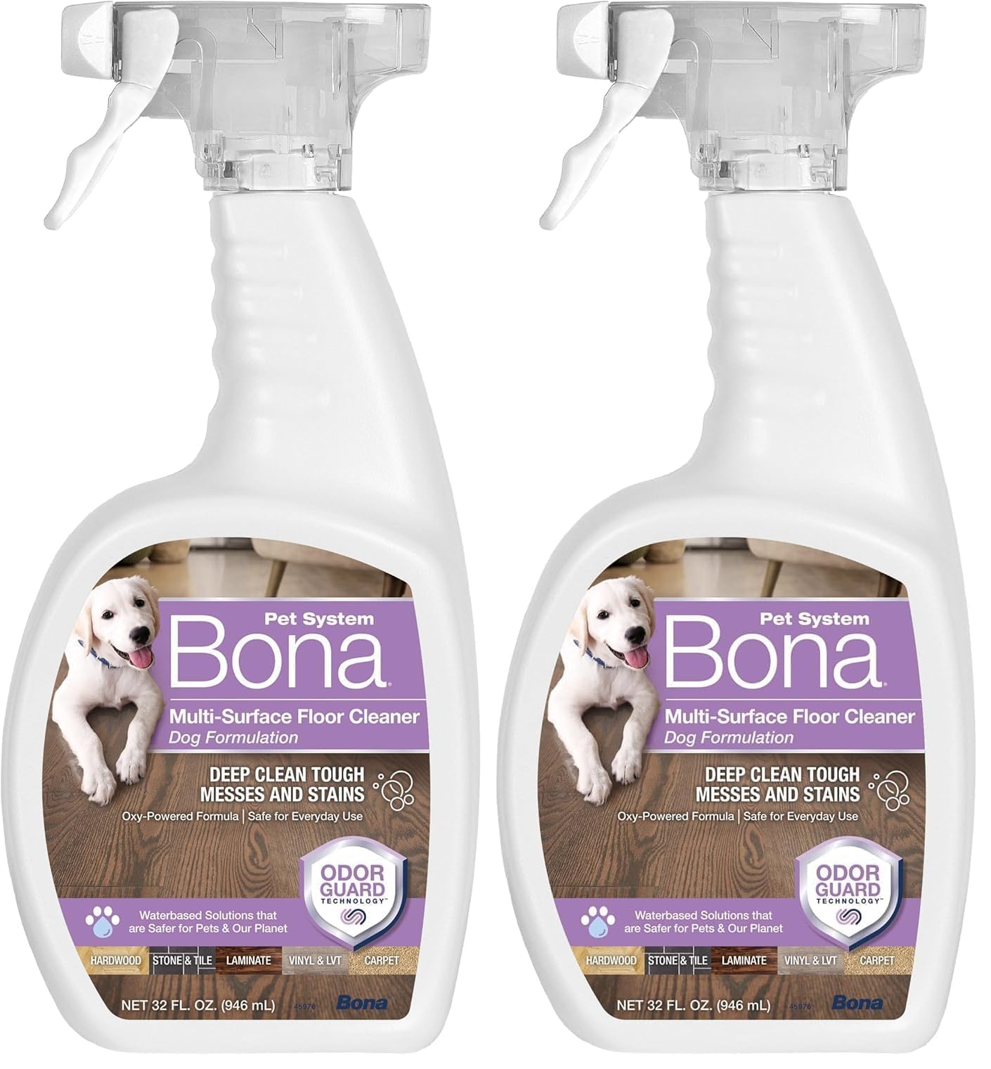 Bona Pet Spray Odor Eliminator, Dog Formulation, 2x32 fl oz | Oxy-Powered Stain & Odor Removal - main product image